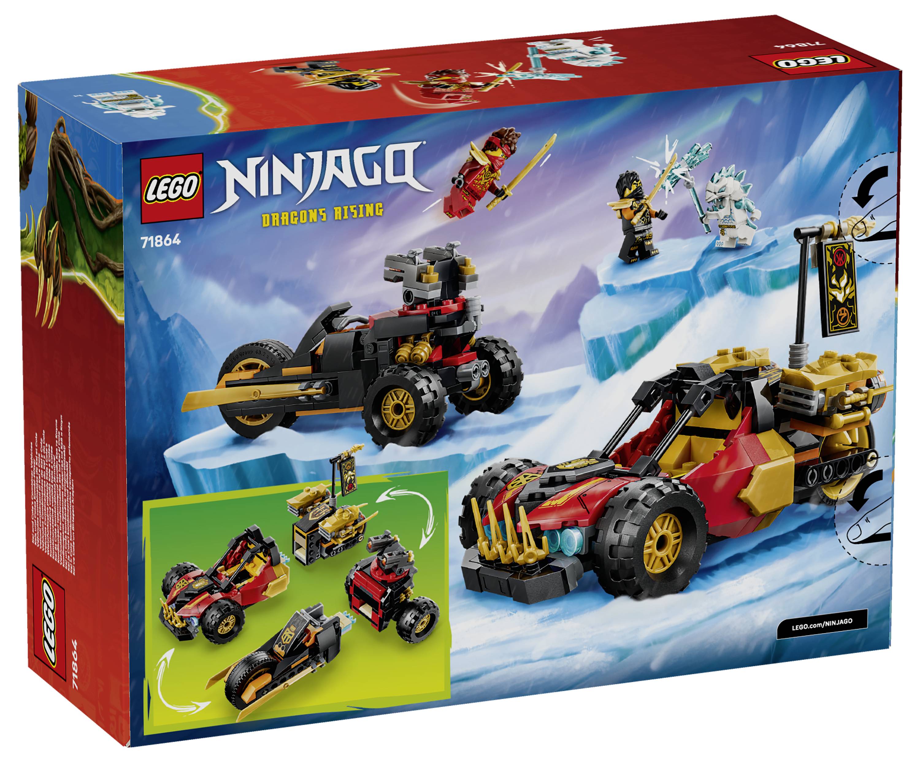LEGO NINJAGO Dragons Rising Spielzeugset-Schachtel mit zwei Ninja-Fahrzeugen, einem rot-goldenen Auto und einem schwarzen Radfahrzeug, mit Minifiguren auf eisigem Gelände.