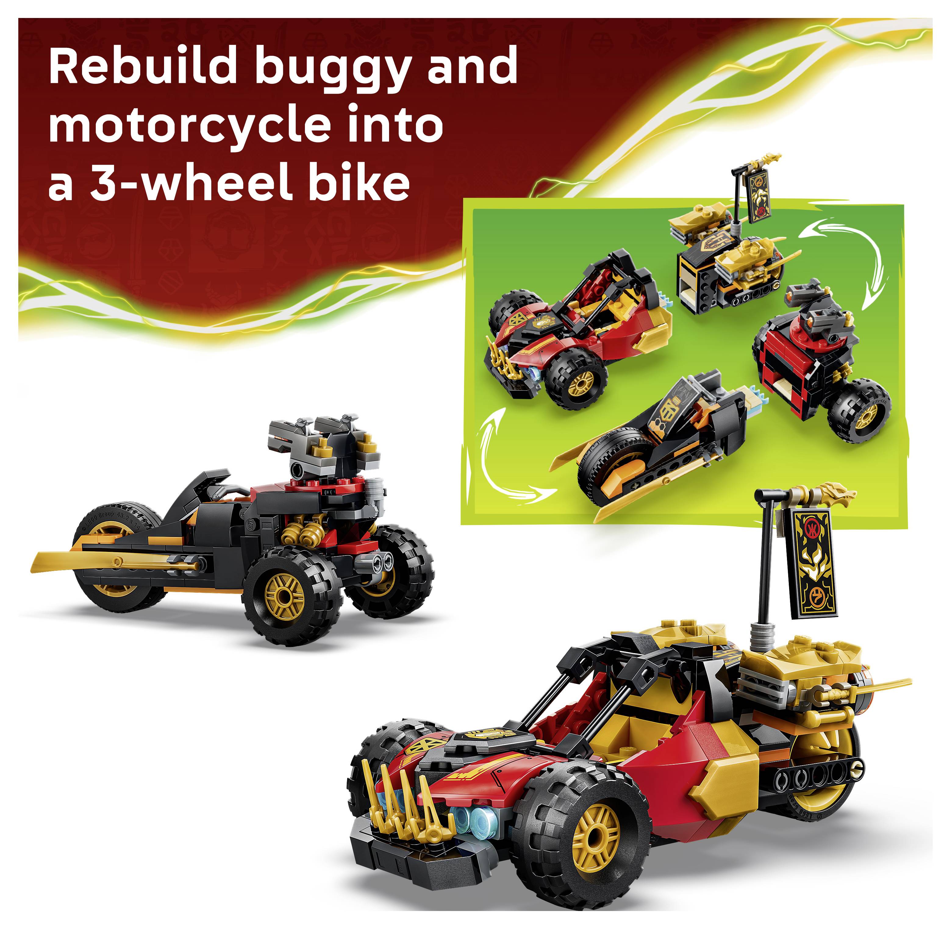 Werbebild, das einen LEGO-Umbau zeigt: Buggy und Motorrad, die in ein dreirädriges Fahrrad umgewandelt werden, mit drei Fahrzeugmodellen und einer Einblendung von Umbauoptionen.