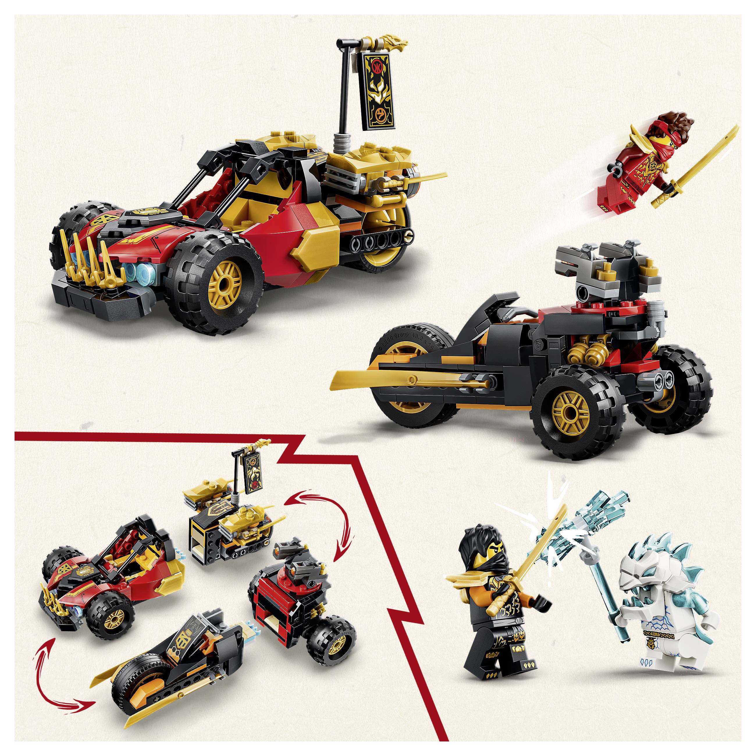 LEGO Ninjago Setbild zeigt zwei rot-schwarze Fahrzeugbauten, eine Minifigur und eine Kampfszene mit einem schwarz gekleideten Ninja, der gegen eine Eiskreatur kämpft.