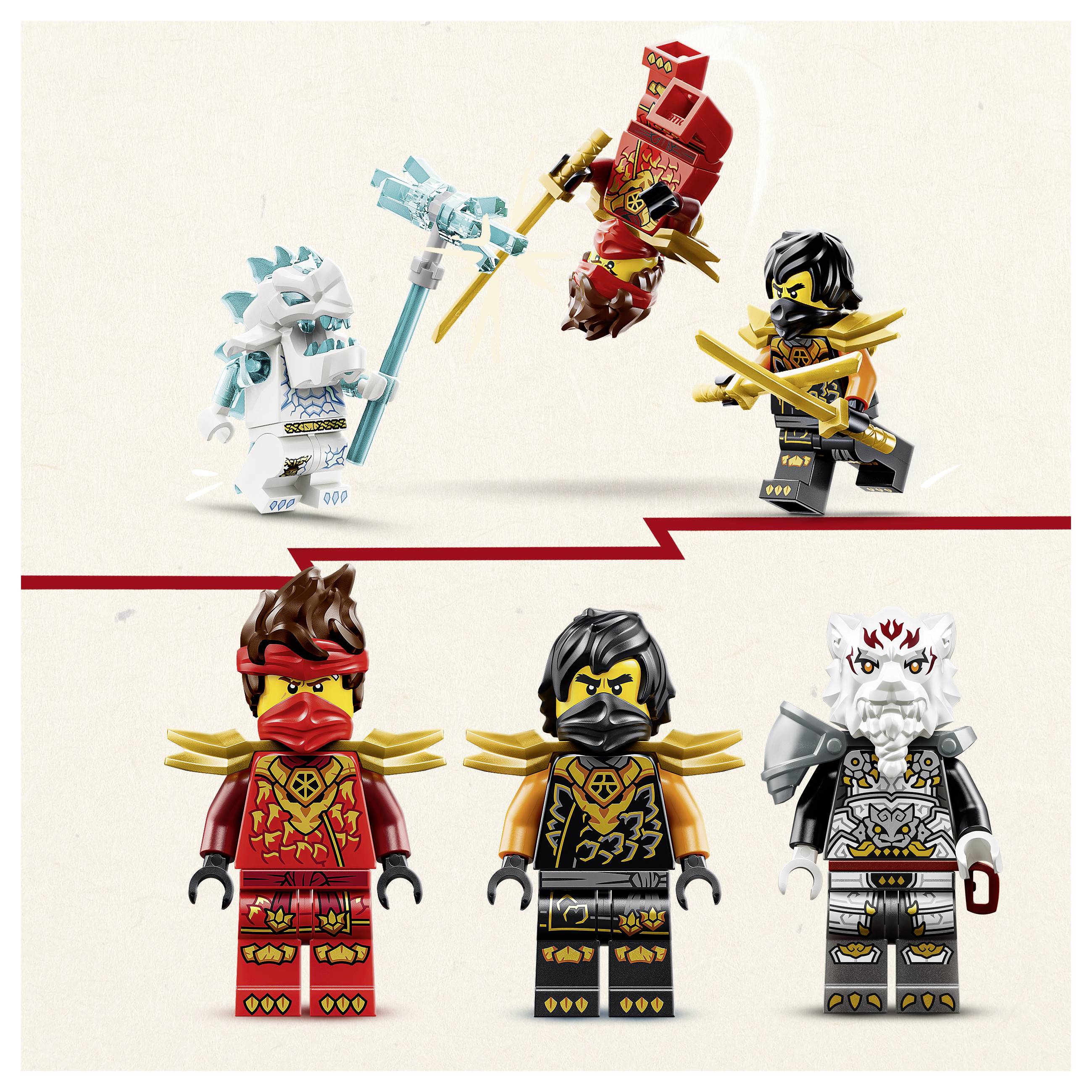 LEGO Ninjago Figuren in zwei Gruppen dargestellt: vier Actionposen oben und drei Minifiguren unten, einschließlich weißer, roter, schwarzer und grauer Ninja-Charaktere.