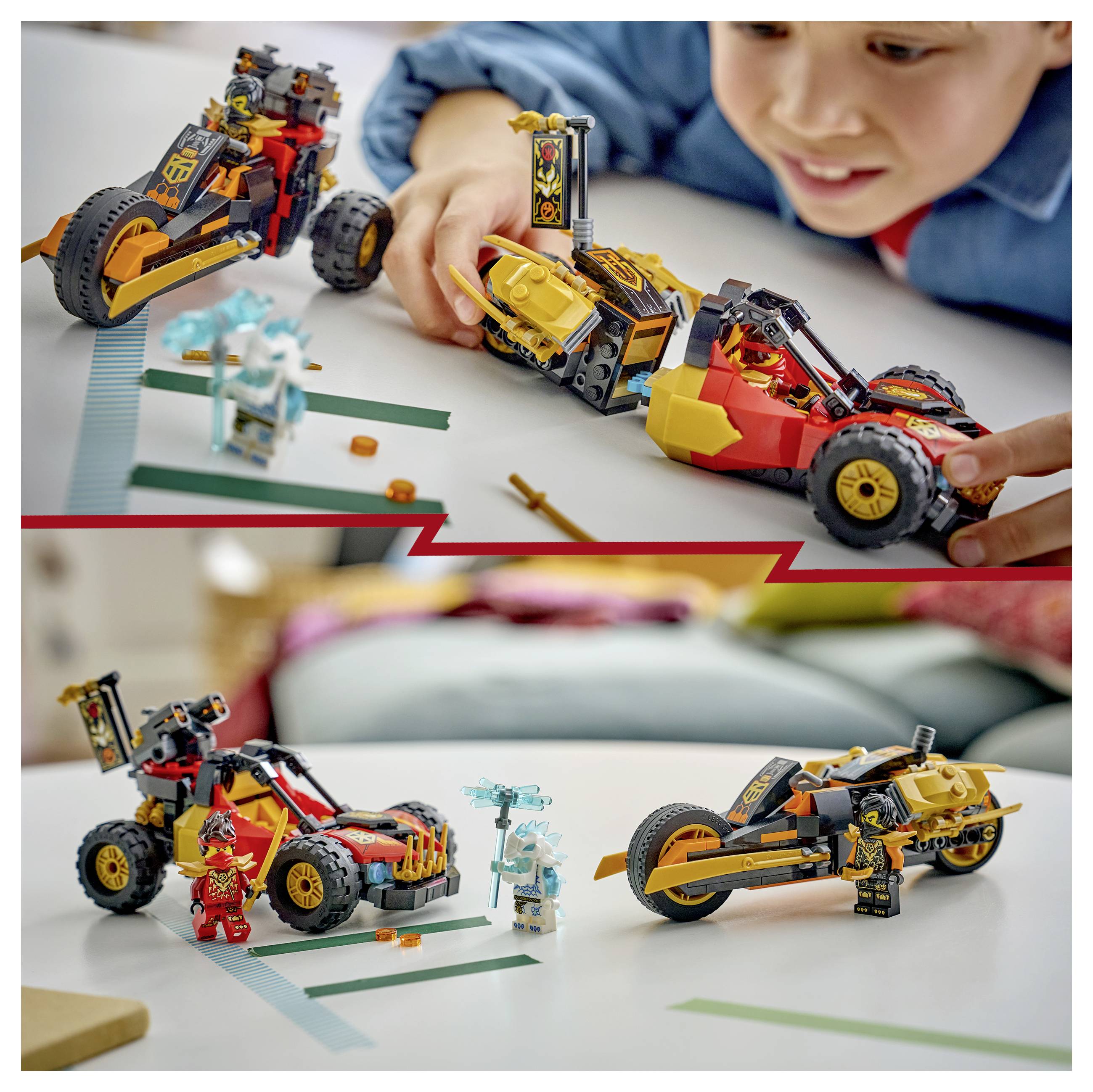 Kind spielt mit zwei LEGO-ähnlichen Rennwagen und kleinen Minifiguren auf einem Tisch, in einer geteilten Nahaufnahme der Spielzeuge in Aktion und angeordnet zur Präsentation.