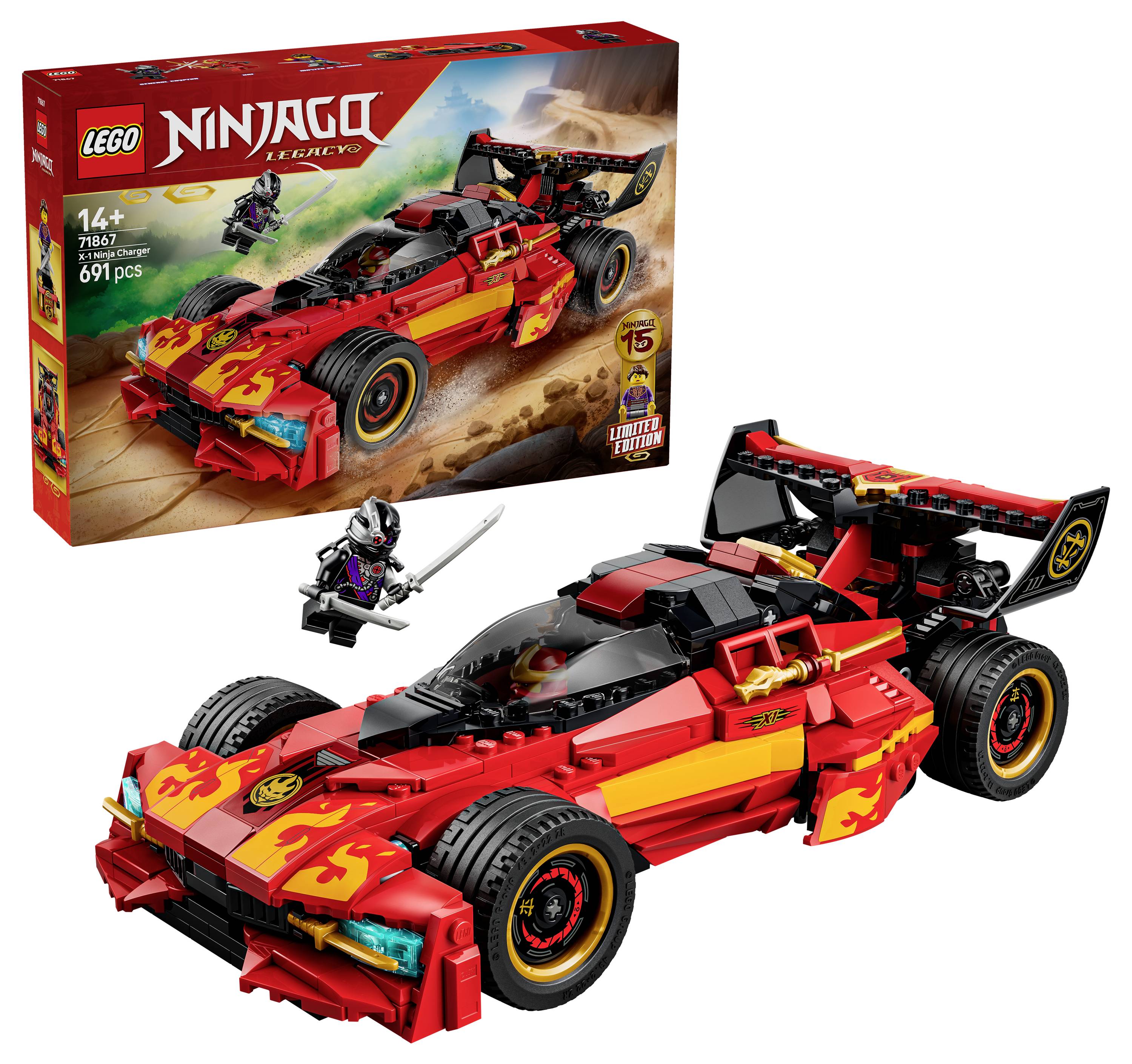 LEGO Ninjago Legacy-Karton und fertiges rotes Rennfahzeug mit Ninja-Minifigur, gekennzeichnet ab 14 Jahren mit 691 Teilen, auf weißem Hintergrund dargestellt.