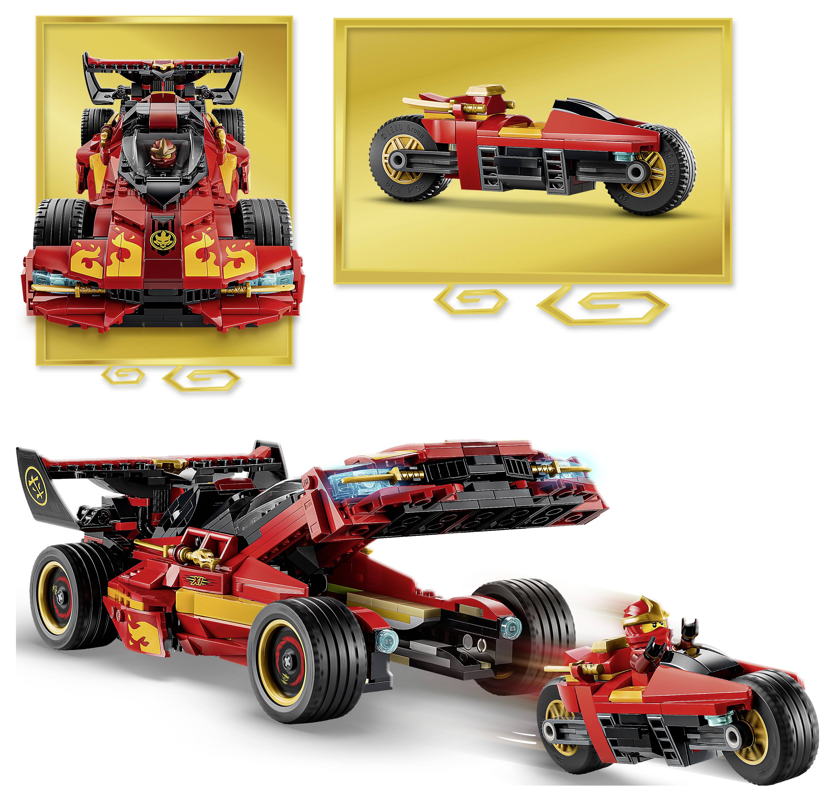 LEGO Rot-Schwarz-Rennwagen-Spielzeug in Vorder-, Seiten- und Transformationsansichten gezeigt, mit einem kleinen abnehmbaren Motorrad im Lieferumfang enthalten.