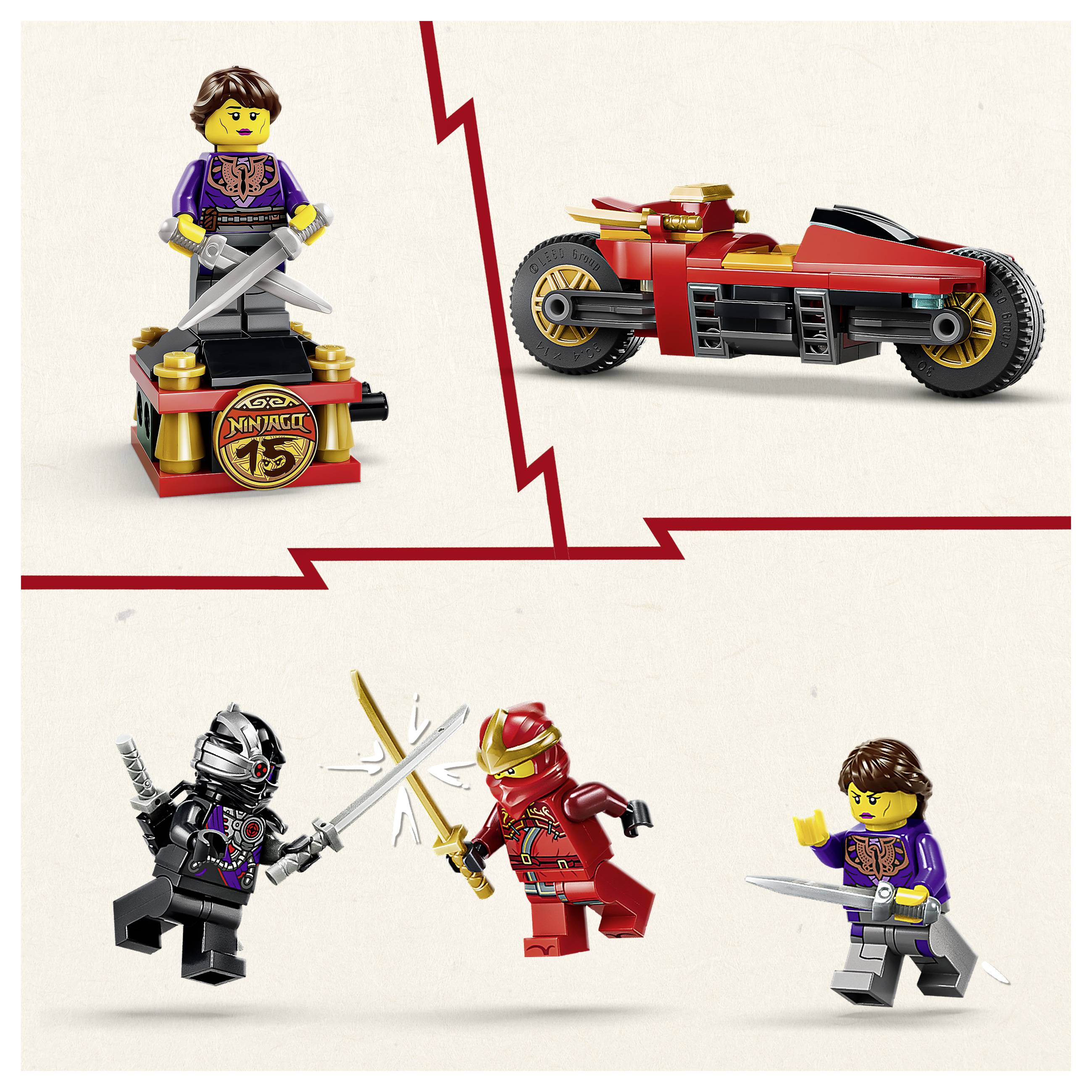 LEGO Ninjago 15. Jahrestag Bild mit einer Minifiguren-Ausstellungsständer, einem roten Motorrad und drei Ninja-Figuren mit Schwertern auf cremefarbenem Hintergrund.