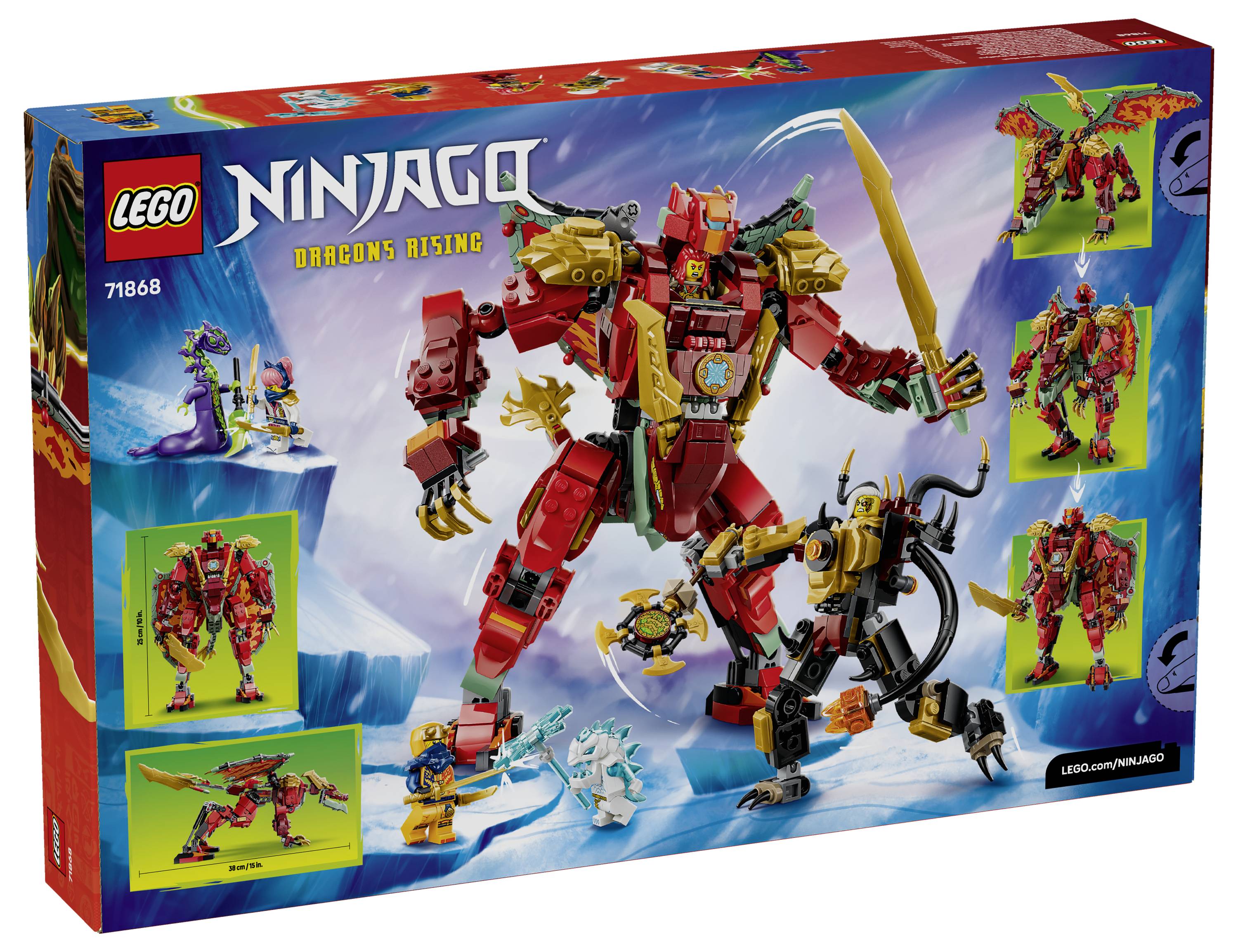 LEGO NINJAGO Dragons Rising Set-Box zeigt ein rotes Drachenfahrzeug, das gegen einen schwarz-goldenen Feind kämpft, mit Minifiguren und Baubildern auf der Verpackung.