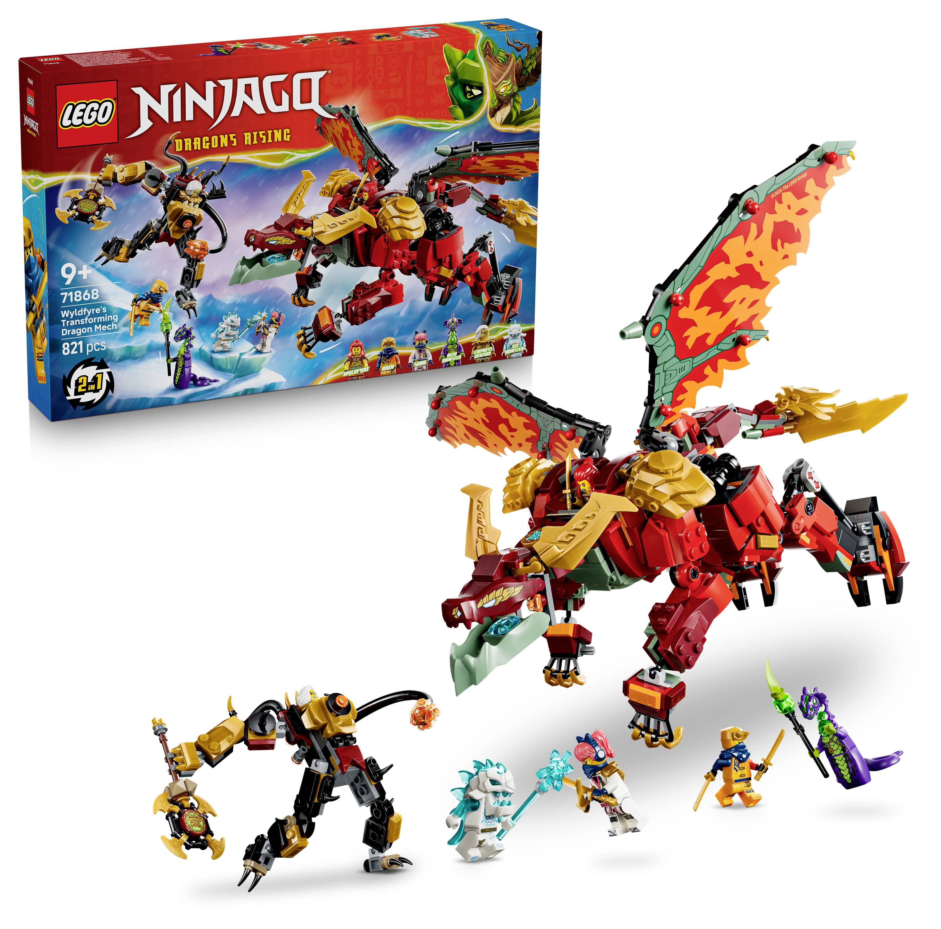 LEGO Ninjago Dragons Rising Set-Box mit einem roten Drachenbau und mehreren Minifiguren auf weißem Hintergrund.