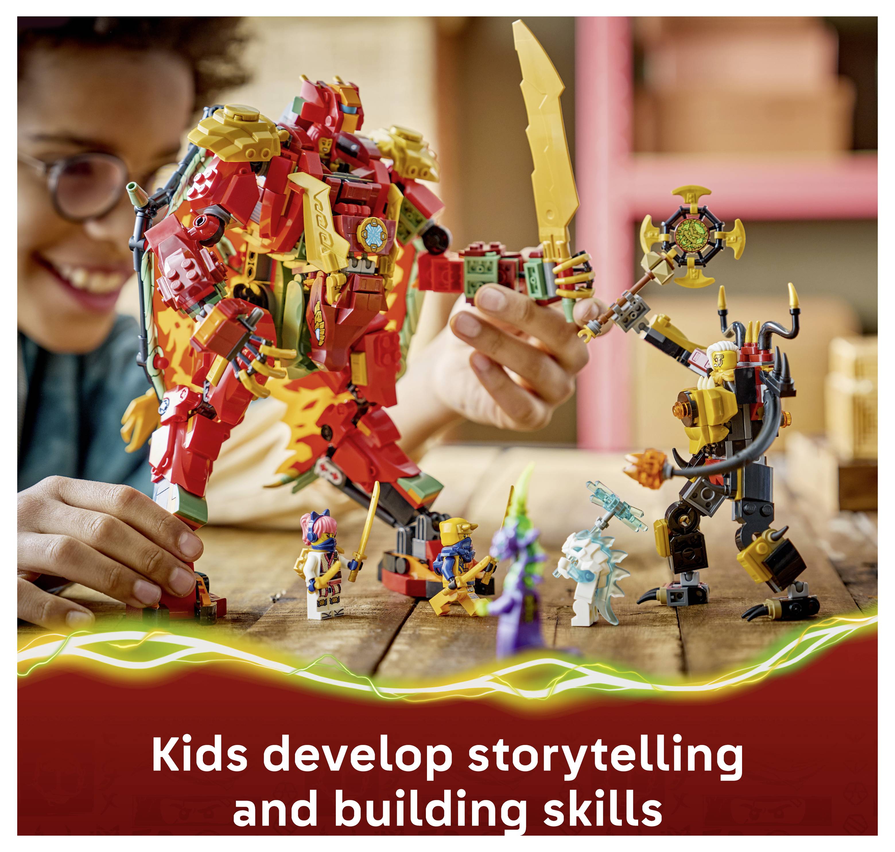 Kind spielt mit LEGO-ähnlichen Fantasy-Figuren und einem riesigen Mech auf einem Tisch, was zeigt, wie Kinder Erzähl- und Baufähigkeiten entwickeln