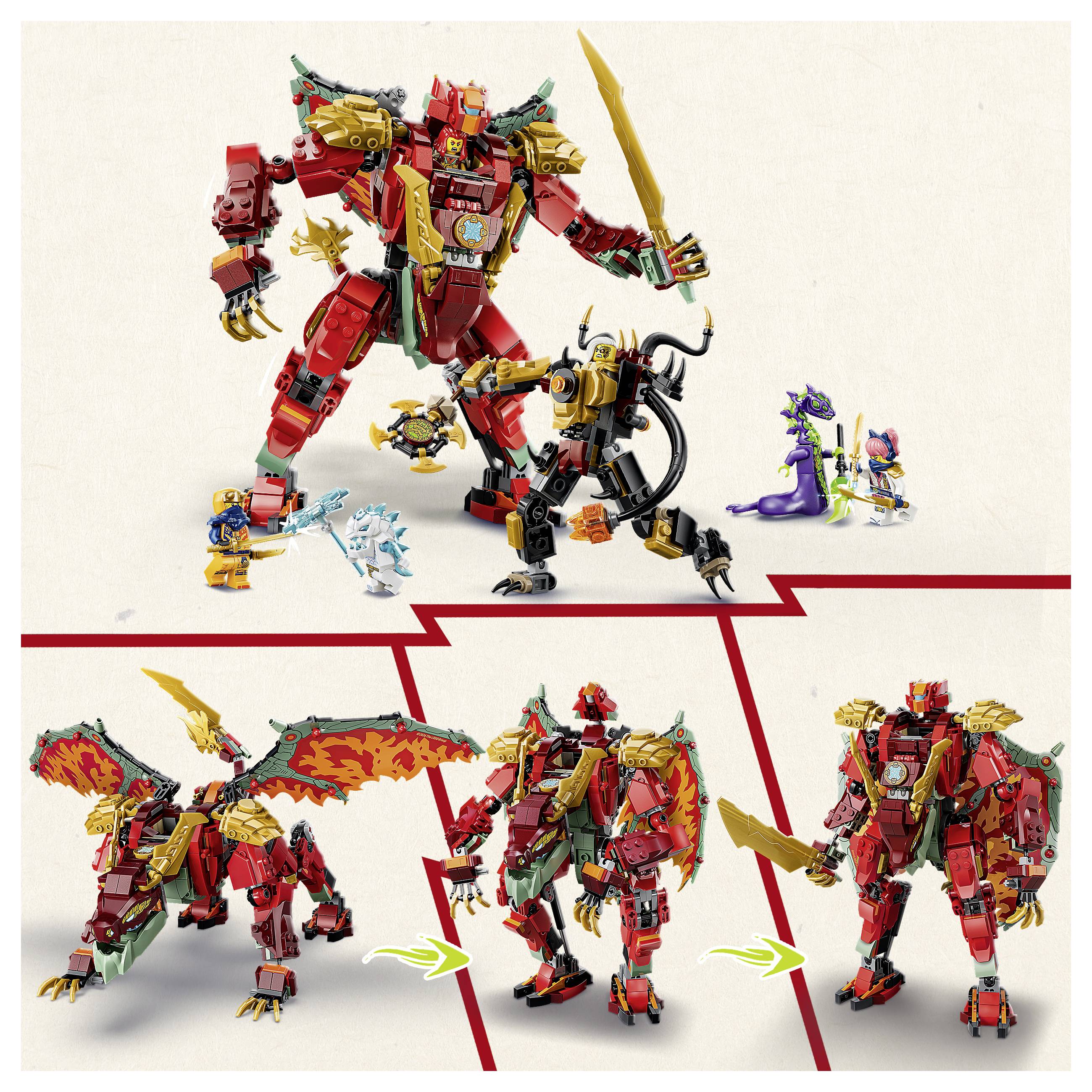 LEGO-ähnliche Fantasy-Mech-Aufstellung mit einem großen roten Kriegerroboter mit kleineren Figuren, sowie drei alternative Posen/Transformationen darunter, getrennt durch rote Linien.