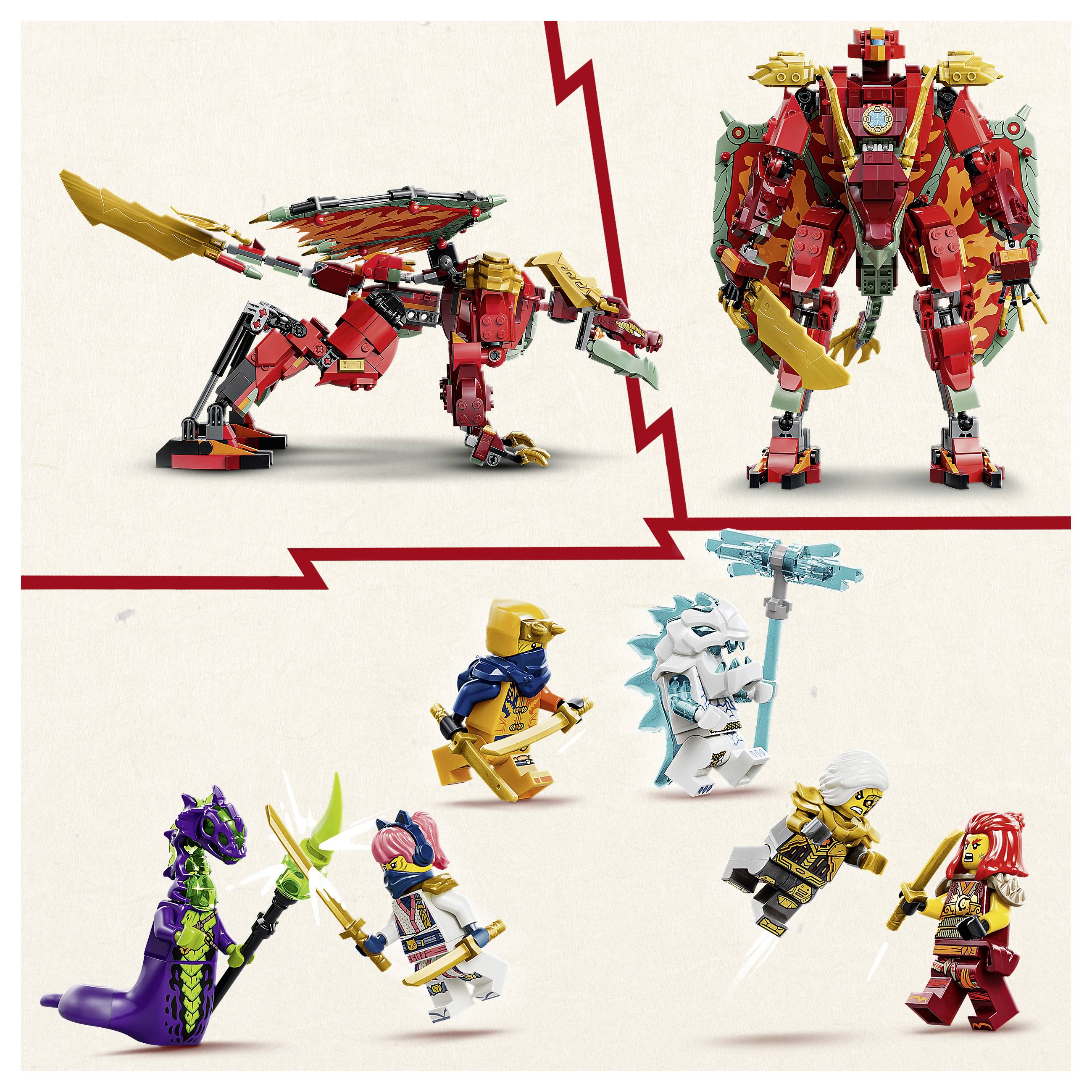 LEGO NINJAGO-Sets gezeigt: ein roter Drache in zwei Positionen und fünf Minifiguren, darunter ein violetter Schlangenkrieger und mehrere Ninjafiguren mit Waffen.