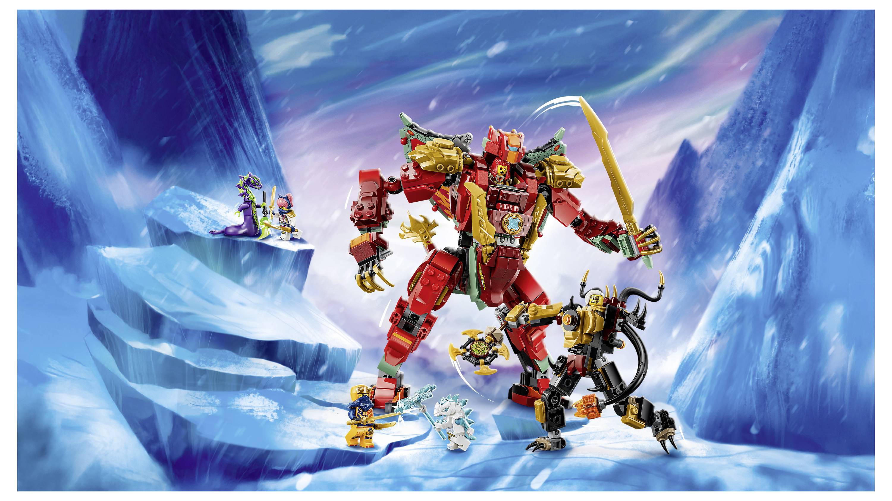 LEGO-artiges Kampfszenario mit einem riesigen roten Roboter, der ein Schwert hält, kleinere Figuren, die angreifen, und einem verschneiten BergHintergrund.