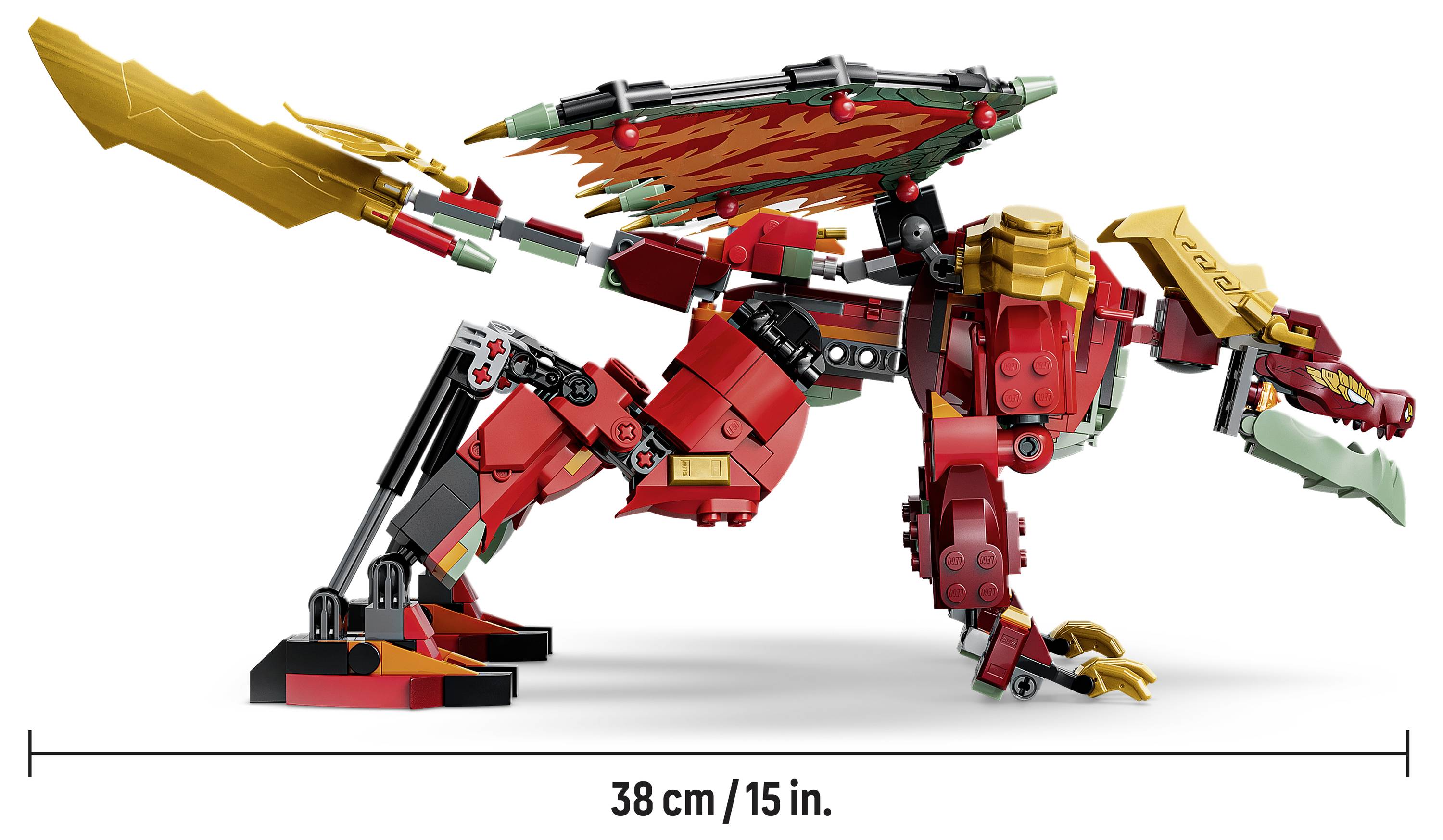 LEGO-ähnliche rote Drachenfigur in Seitenansicht mit Flügeln, Schwanz und Klauen, gezeigt mit einer Größenskala von 38 cm/15 Zoll.