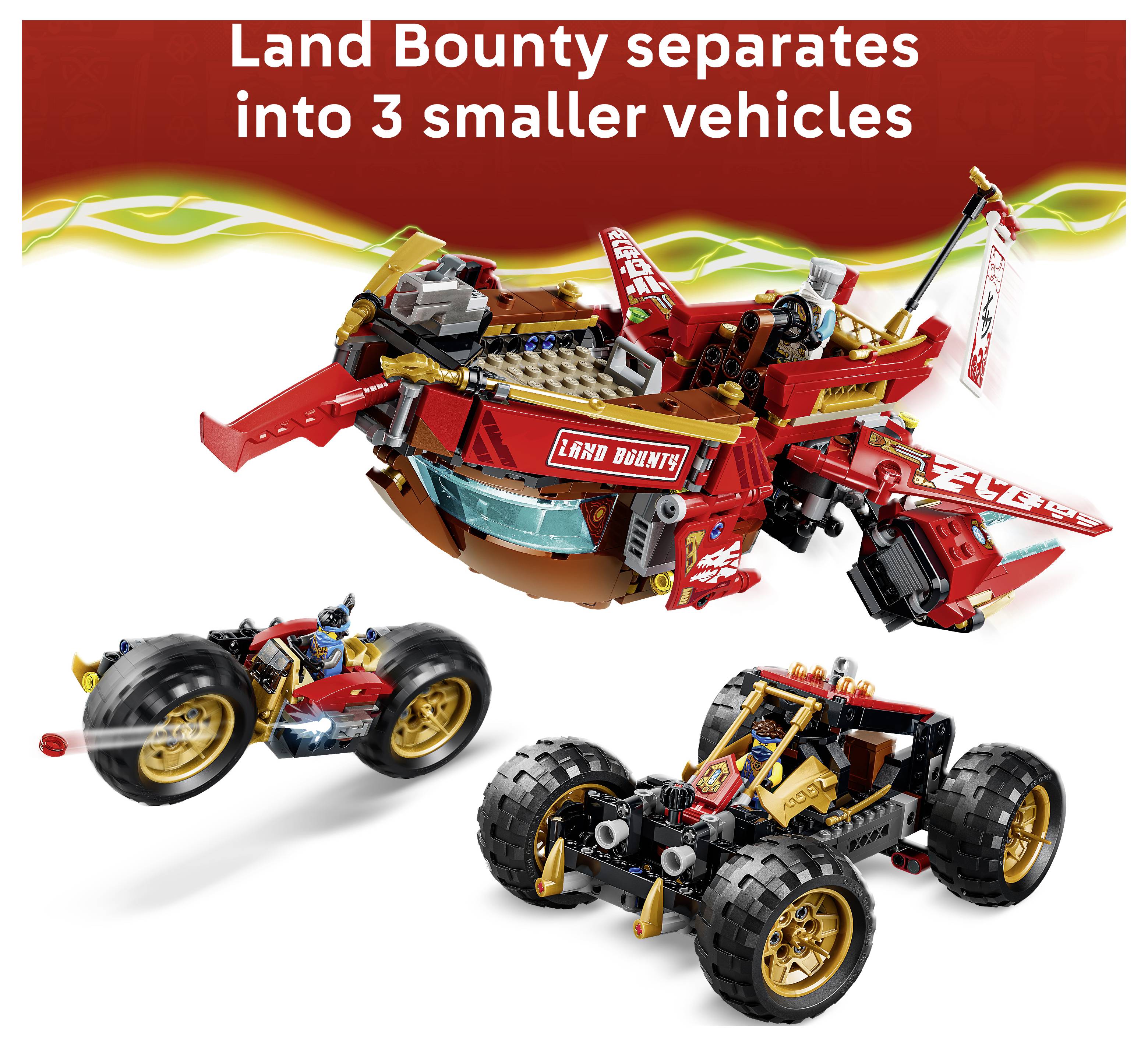 LEGO Land Bounty teilt sich in 3 kleinere Fahrzeuge auf: ein zentrales rotes Fahrzeug und zwei separate Geländefahrzeuge auf weißem Hintergrund.