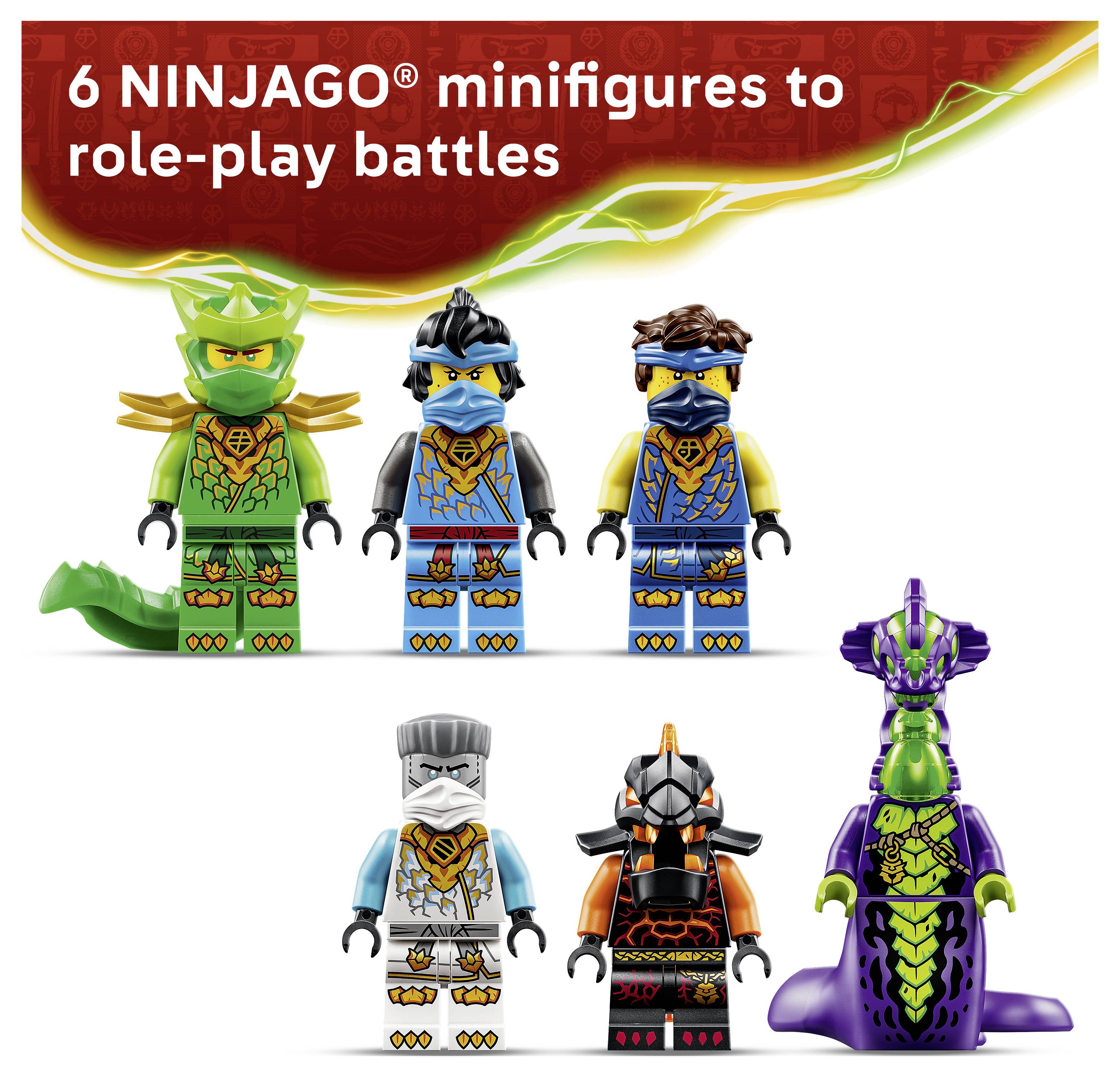 Werbebild mit 6 NINJAGO-Minifiguren für Rollenspielkämpfe, mit sechs Ninja-Charakteren in grünen, blauen, weißen, schwarzen und violetten Outfits.