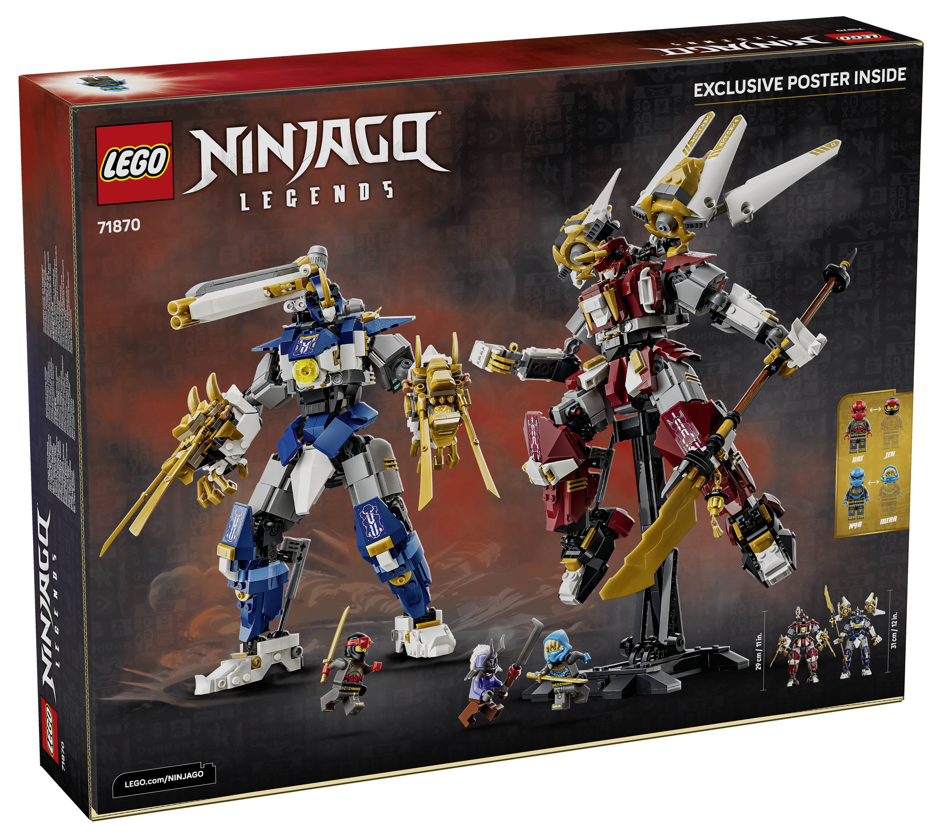 LEGO Ninjago Legends Schachtel mit zwei riesigen Ninja-Mechs, blau und rot, mit Minifiguren und Text „Exklusives Poster im Inneren