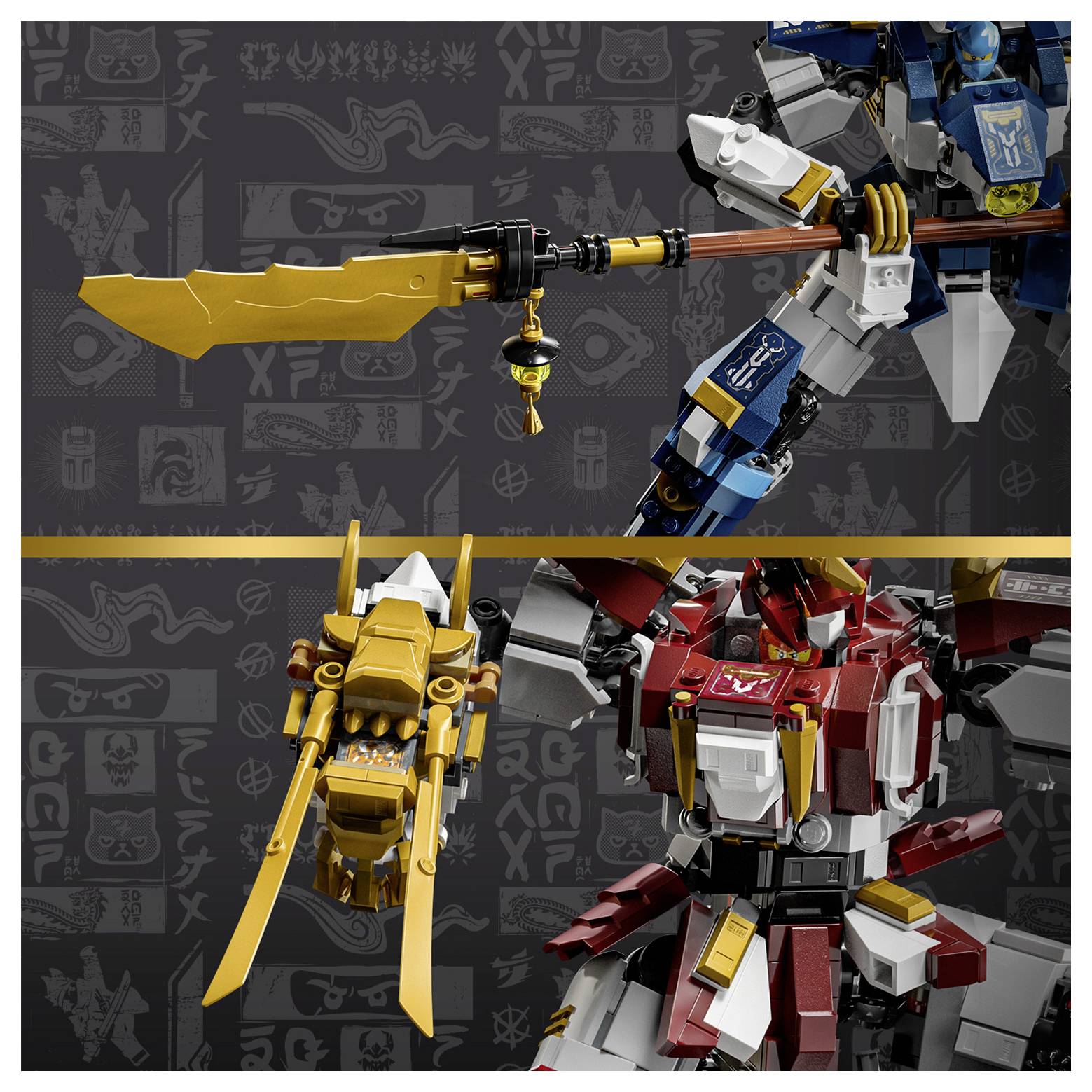 Werbebild von LEGO NINJAGO Mechas und Waffen: eine blau-weiße Figur mit einer goldenen Klinge oben und rot-goldene sowie goldene Mechas unten.