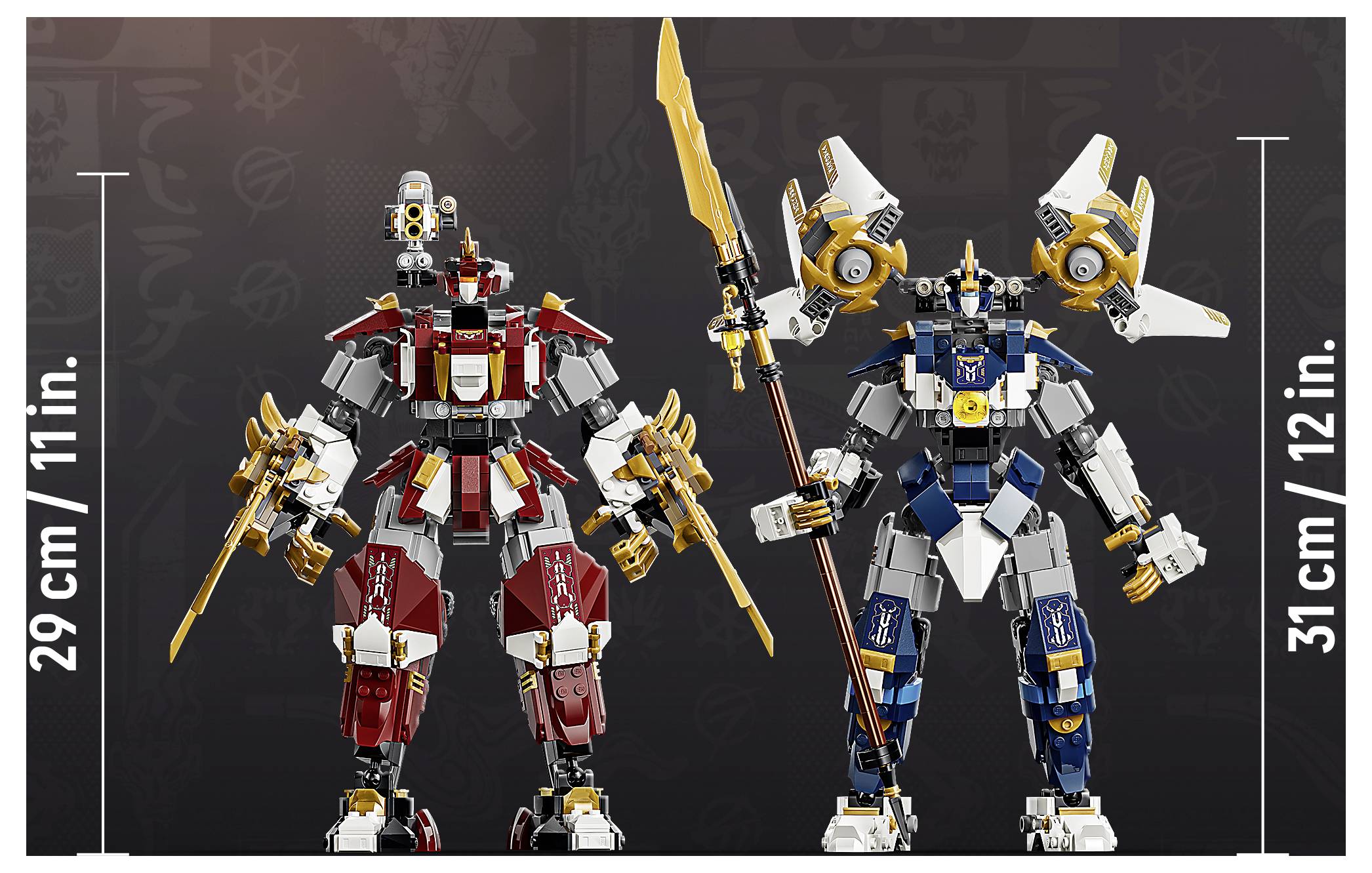 Produktbild mit zwei LEGO-ähnlichen Roboterfiguren im Vergleich mit Höhenangaben: links 11 Zoll (29 cm), rechts 12 Zoll (31 cm).