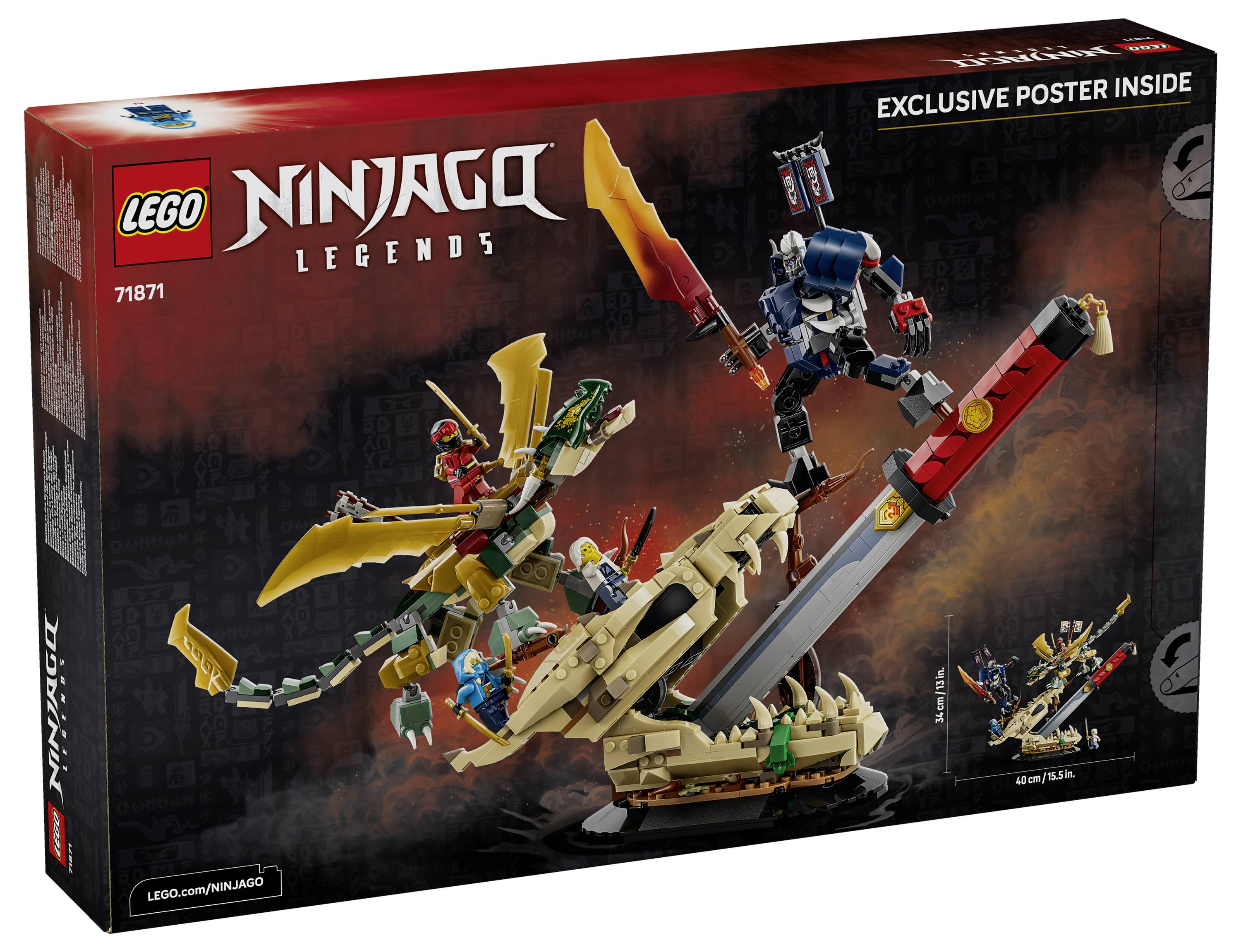 LEGO Ninjago Legenden Box für Set 71871, zeigt einen Drachenkampf-Bau mit Minifiguren und dem Text „Exklusives Poster im Inneren