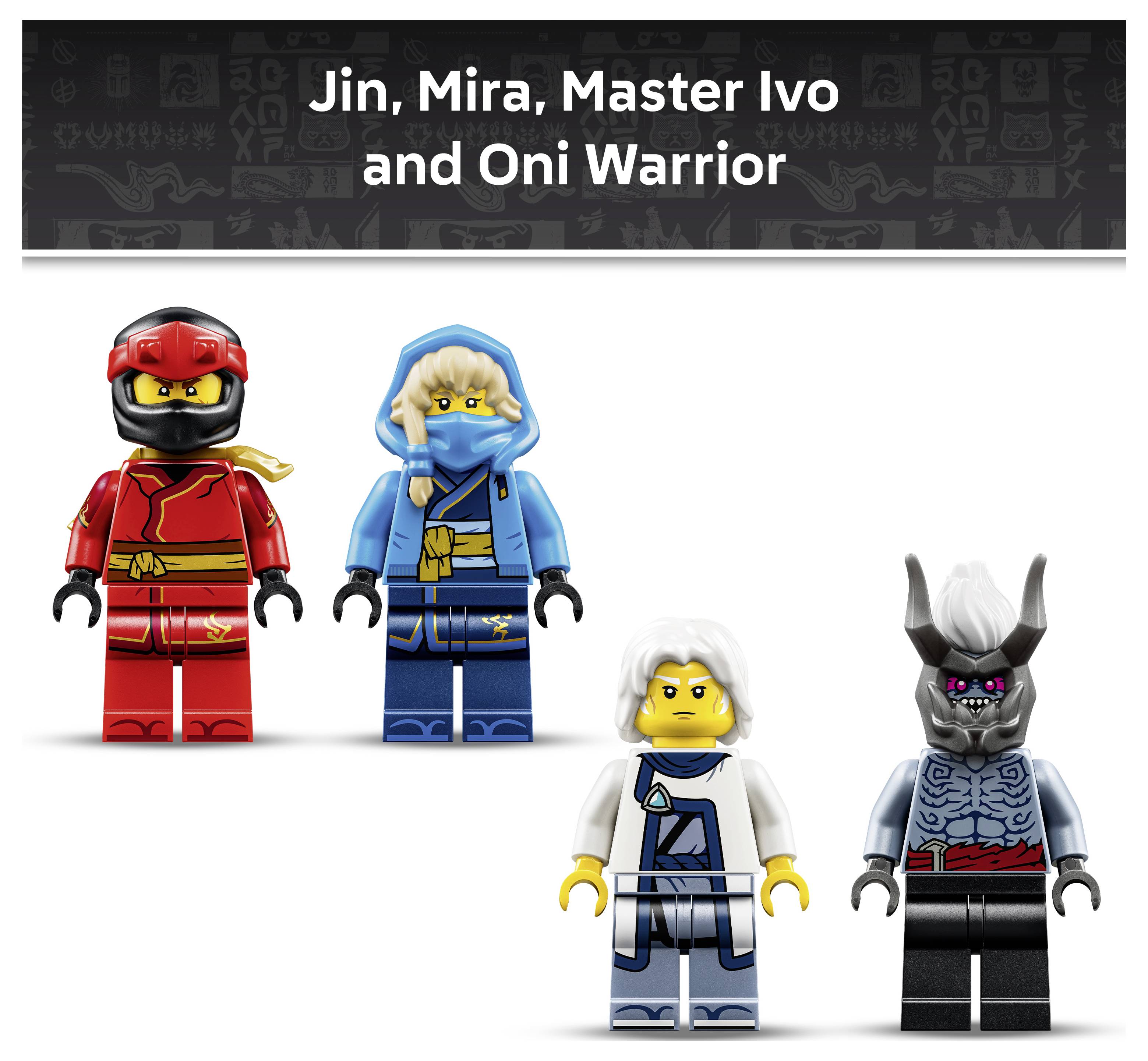 Bild von vier LEGO Ninjago-Minifiguren mit den Bezeichnungen Jin, Mira, Meister Ivo und Oni-Krieger, gezeigt vor weißem Hintergrund.