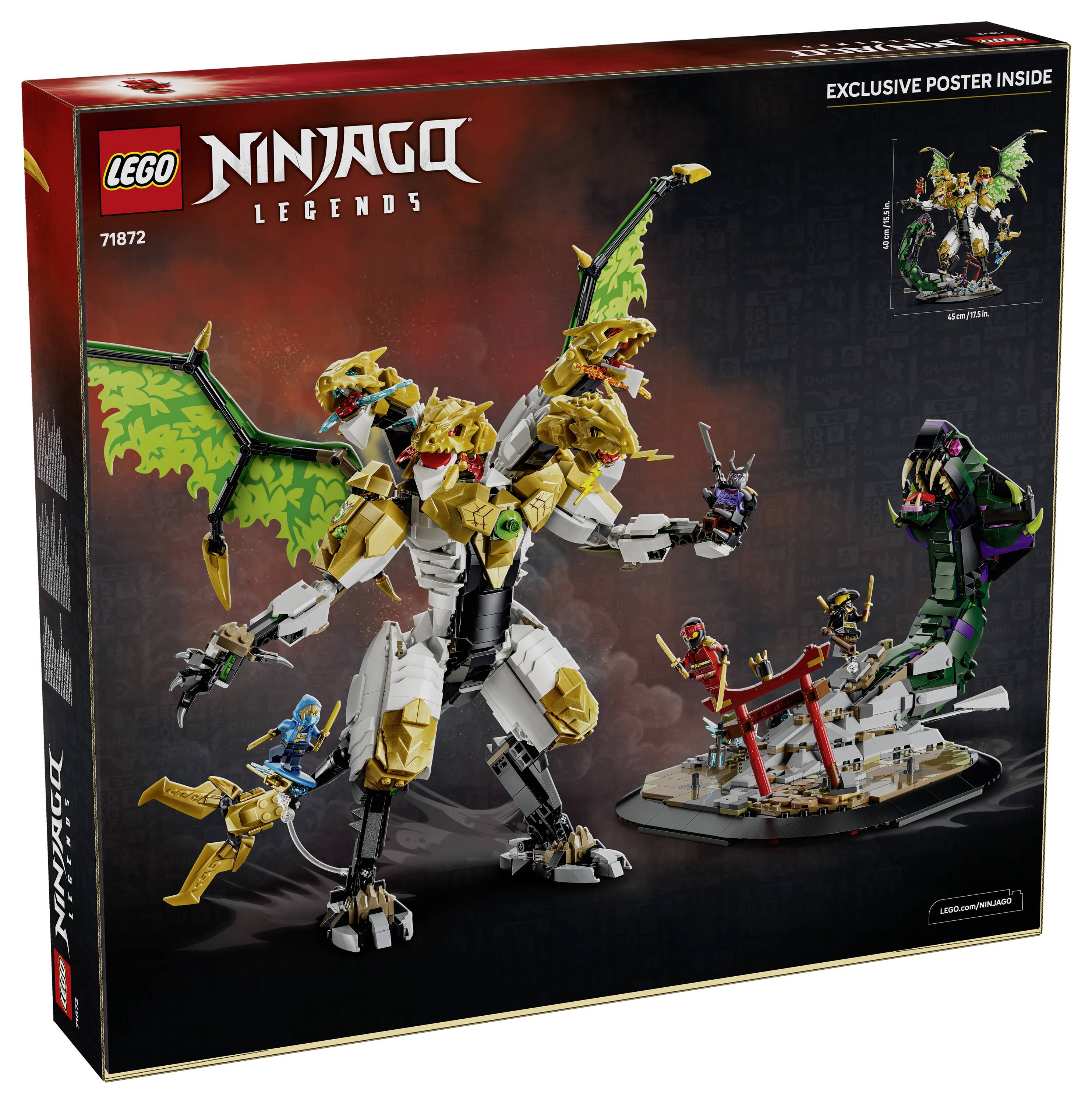 LEGO Ninjago Legends Karton mit einem großen gold-weiß-schwarzen Drachen mit Minifiguren und einem Label 
