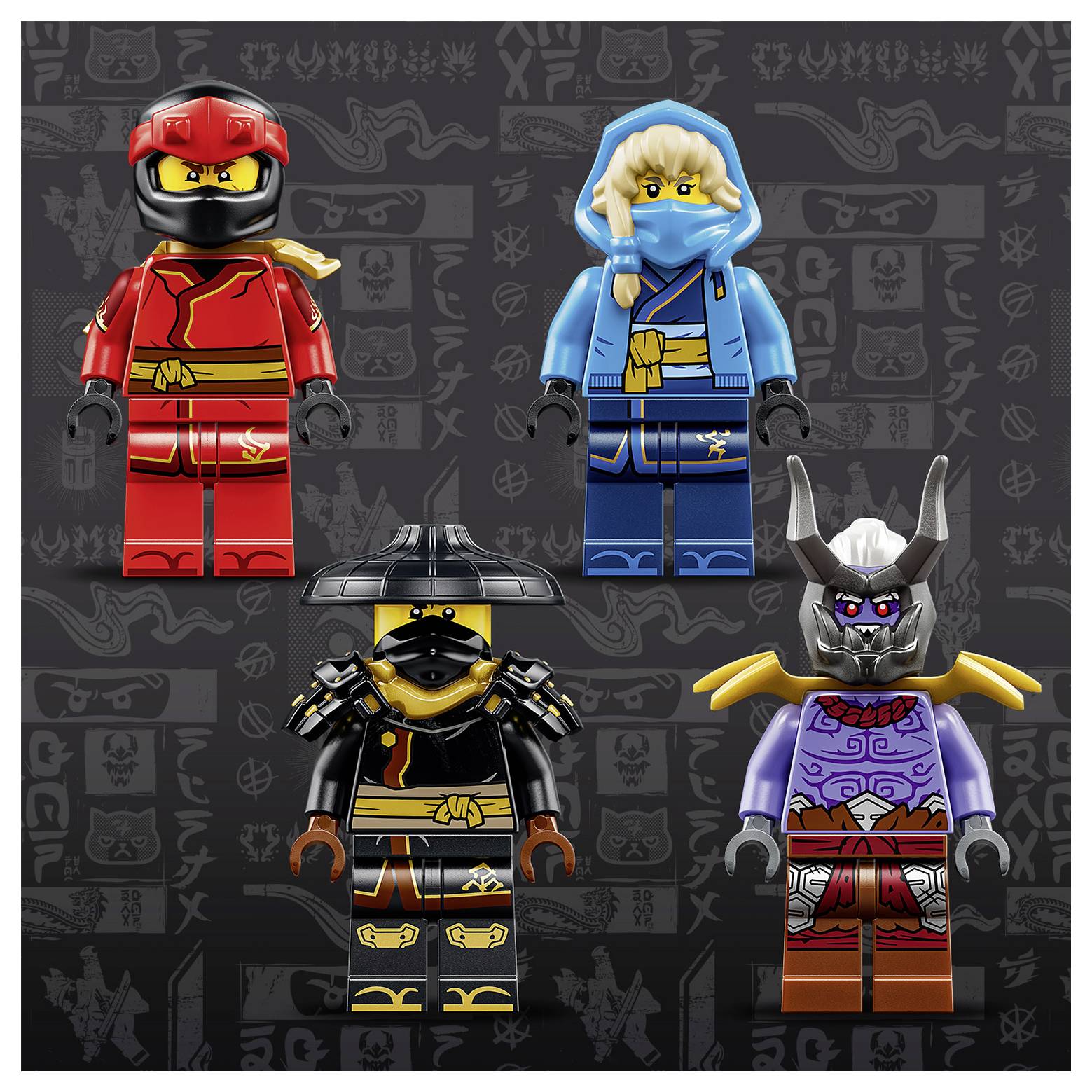 Vier LEGO Ninjago-ähnliche Minifiguren werden vor einem dunkel gemusterten Hintergrund gezeigt: eine rote, eine blaue, eine schwarze mit Hut und eine gehörnte grau-lila Figur.