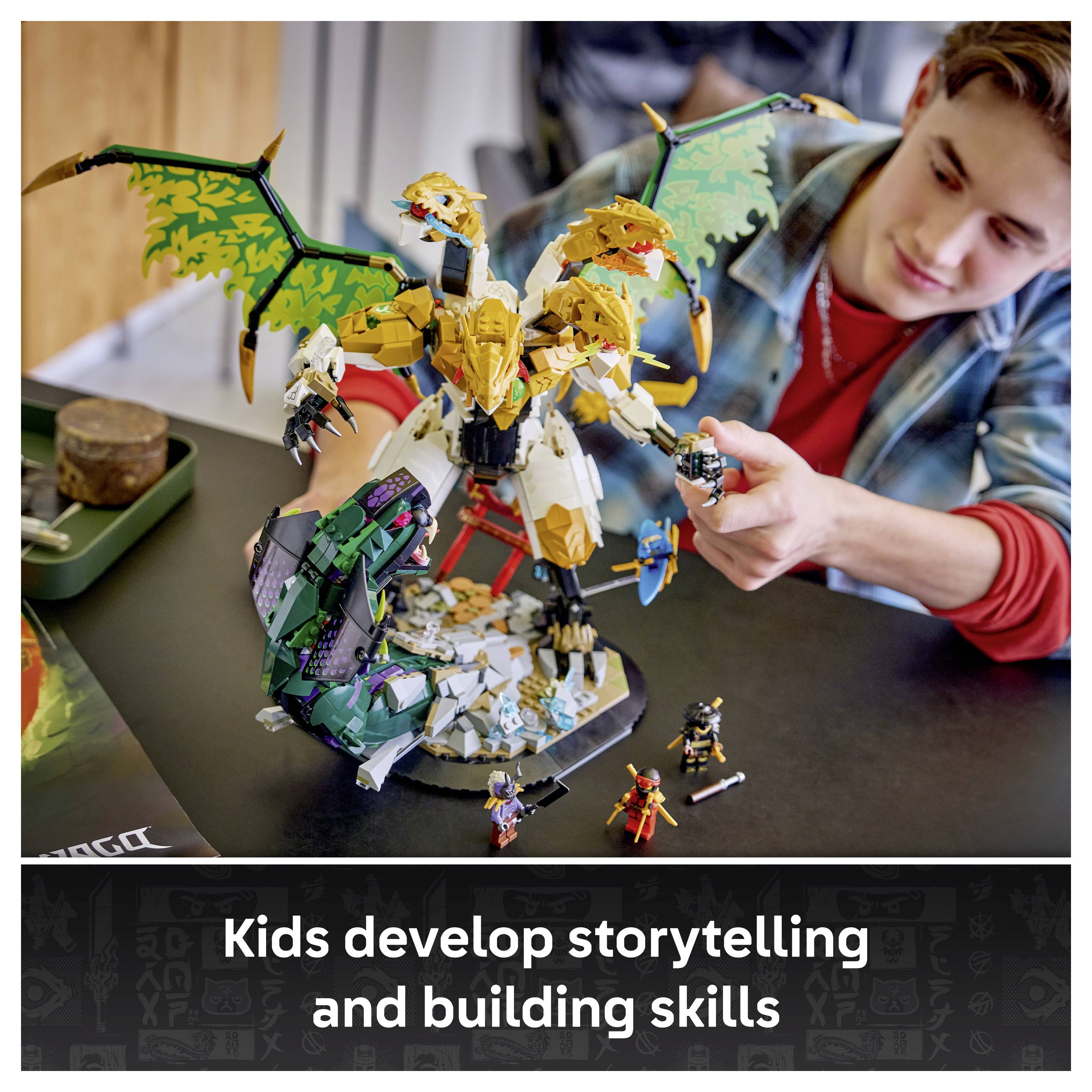Teenager montiert ein großes LEGO-Drachenmodell an einem Tisch zusammen, was zeigt, wie Kinder Erzähl- und Baufertigkeiten entwickeln.