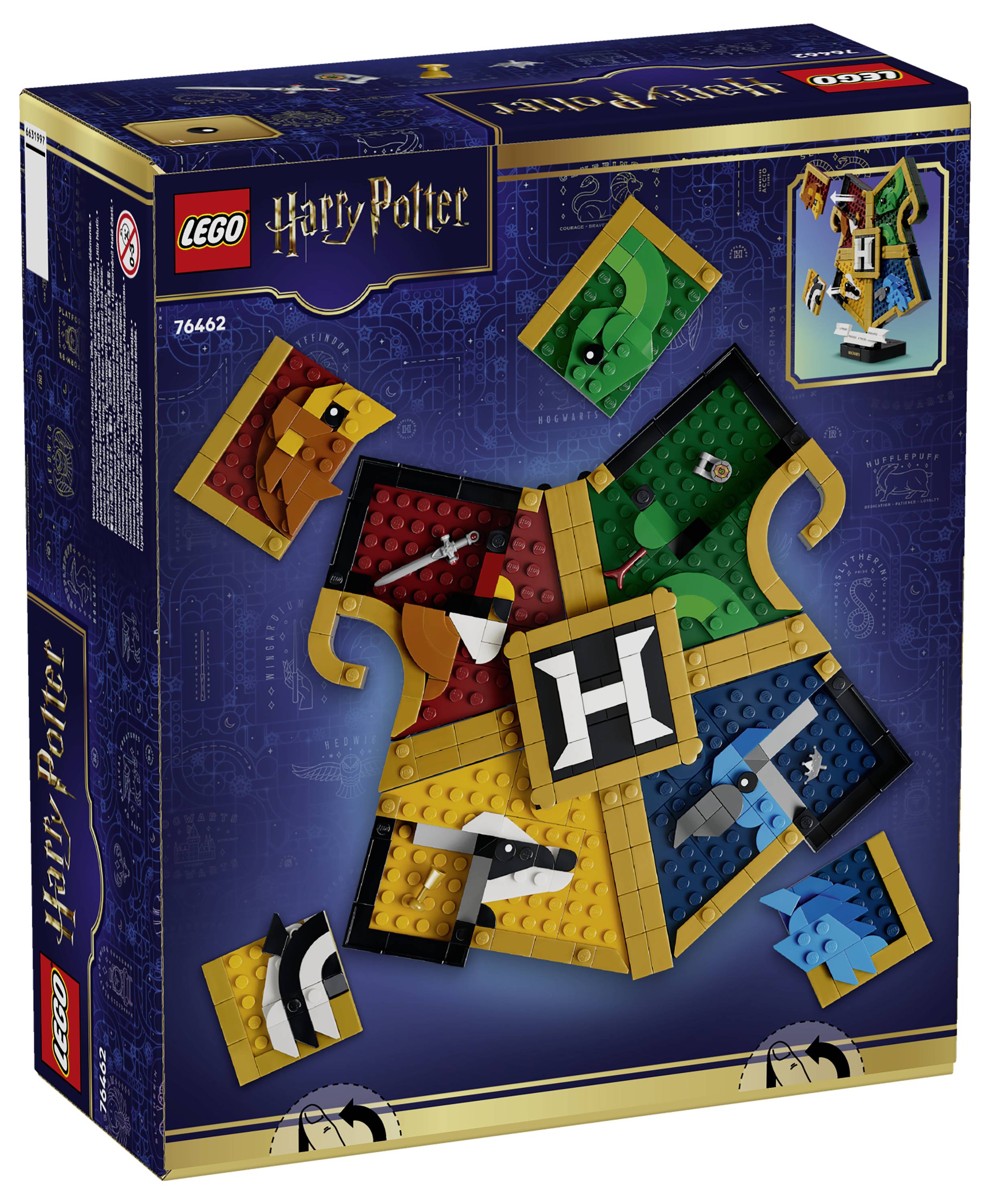 LEGO Harry Potter Schachtelbausatz für Hogwarts-Wappen-Mosaik, das vier Hausfarben und Emblemteile auf einem dunkelblauem Paket zeigt.