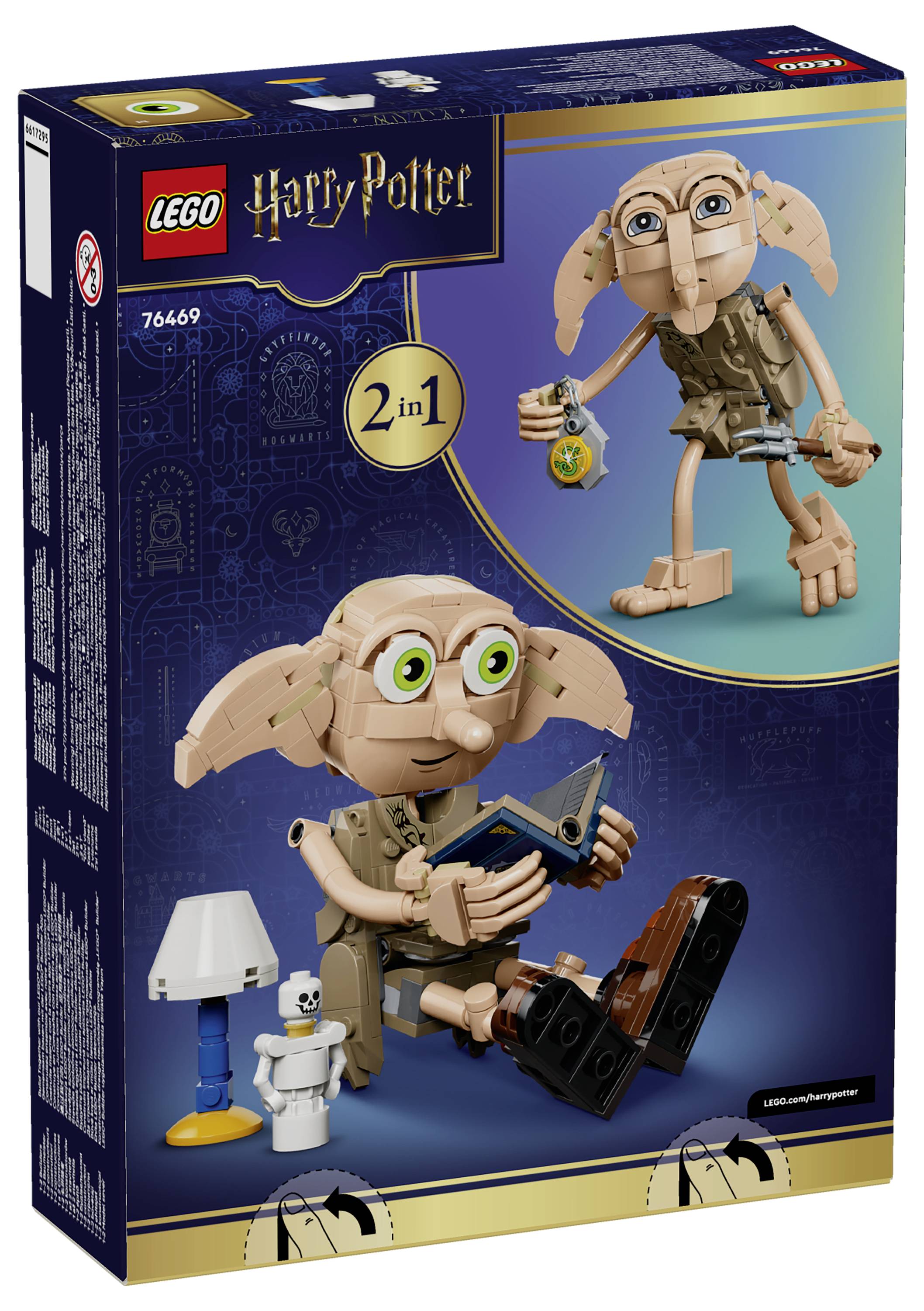 LEGO Harry Potter Dobby der Hauself 2-in-1 Set-Karton, der zwei Dobby-Bauversionen sowie eine kleine Lampe und ein Socken-Zubehör zeigt.