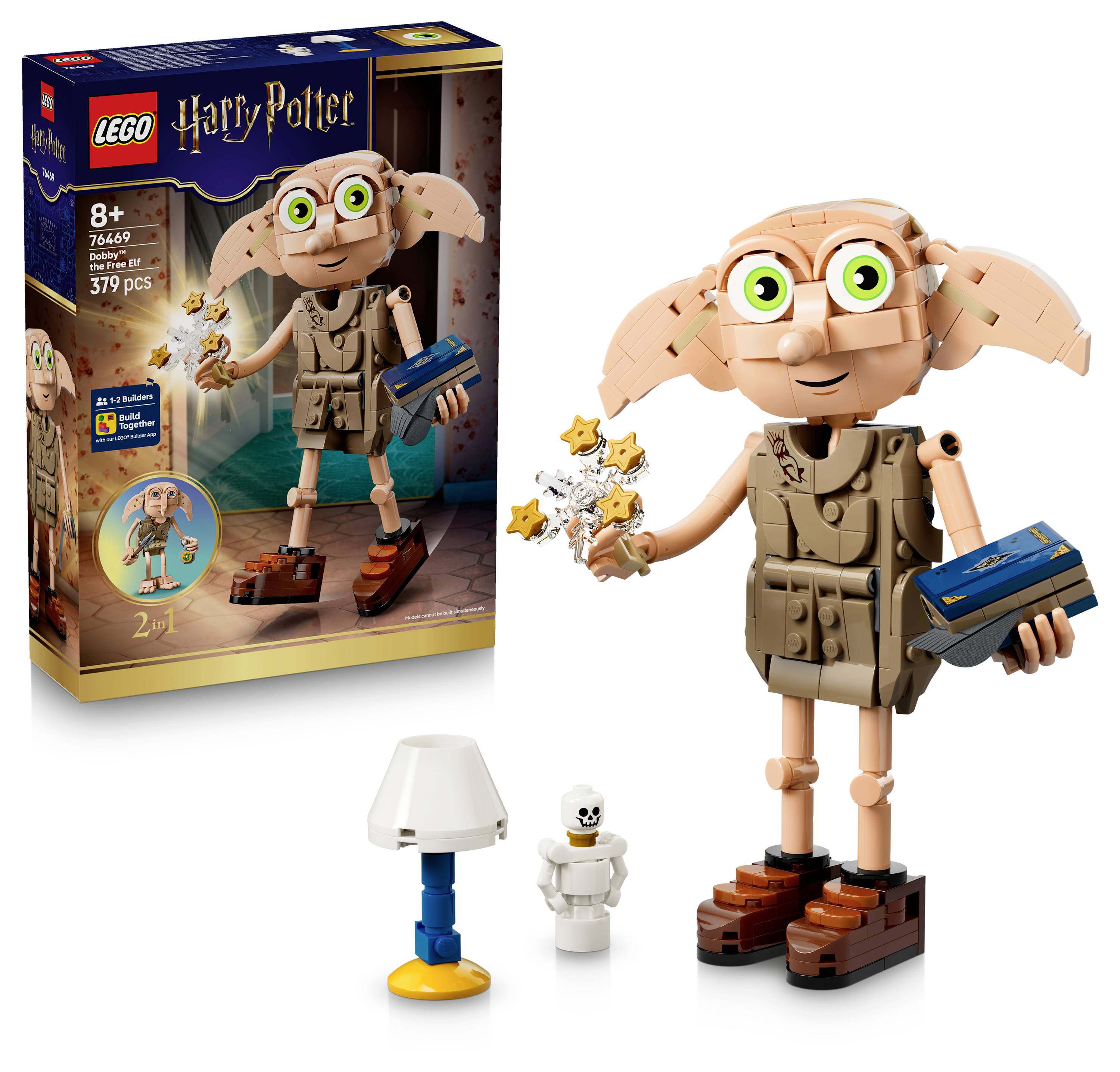 LEGO Harry Potter Dobby-Figur mit Zauberstab, Buch, Lampe und Socken-Zubehör neben der Schachtel des 