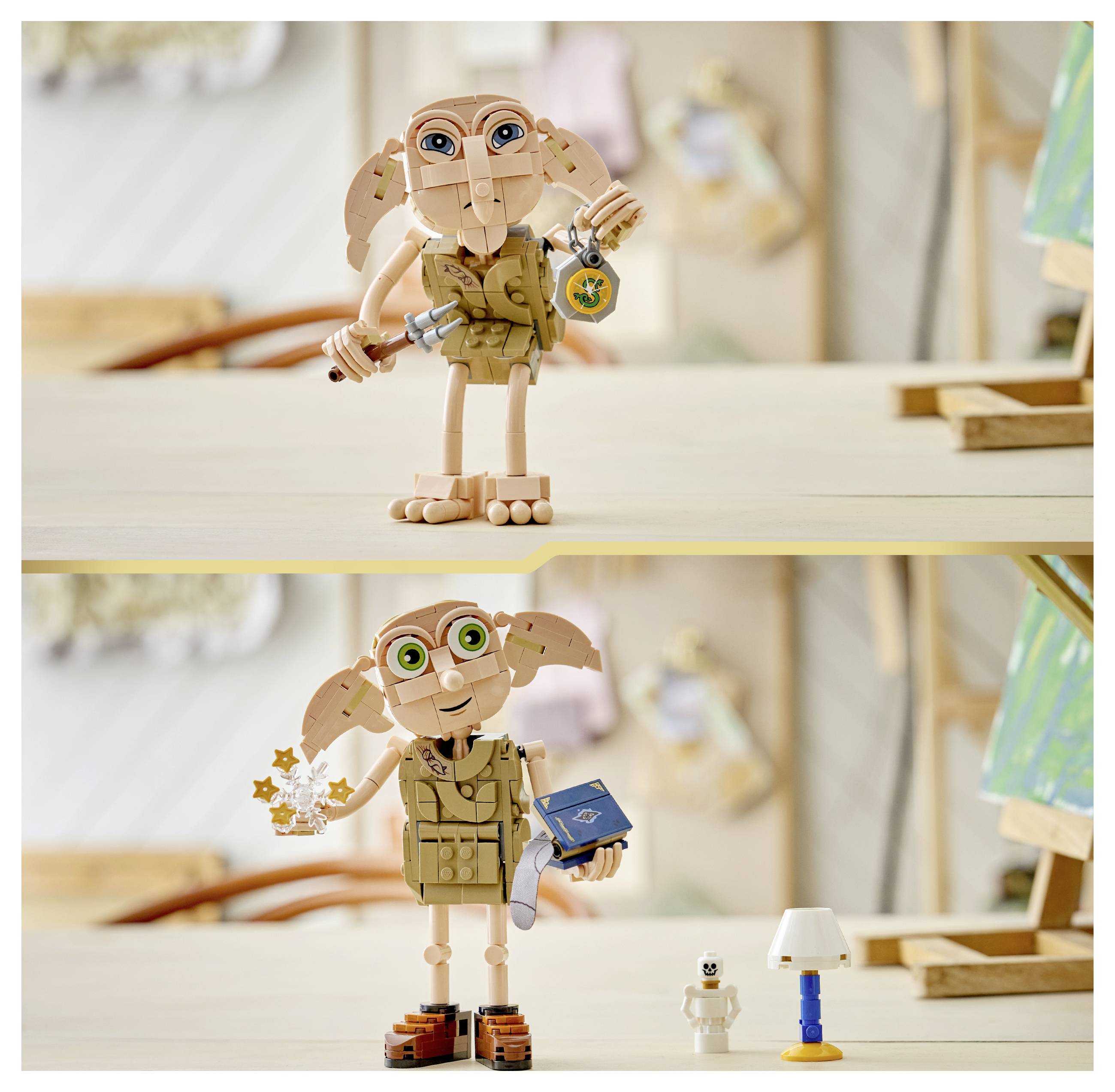 Zwei LEGO-ähnliche Dobby-Figuren werden gezeigt: Die obere hält eine Socke und die untere hält das Buch „Harry Potter