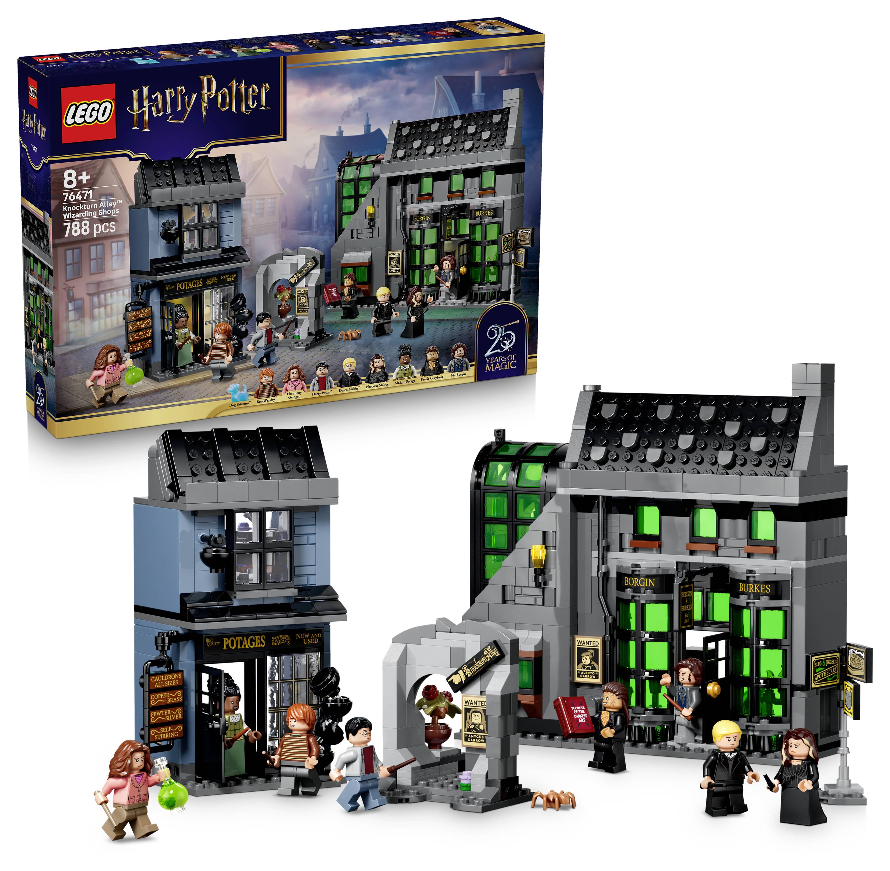 LEGO Harry Potter Diagon Alley Set mit Schachtelbrett und gebautem Modell von zwei Geschäften, mit Minifiguren, Zubehör und 788 angegebenen Teilen.