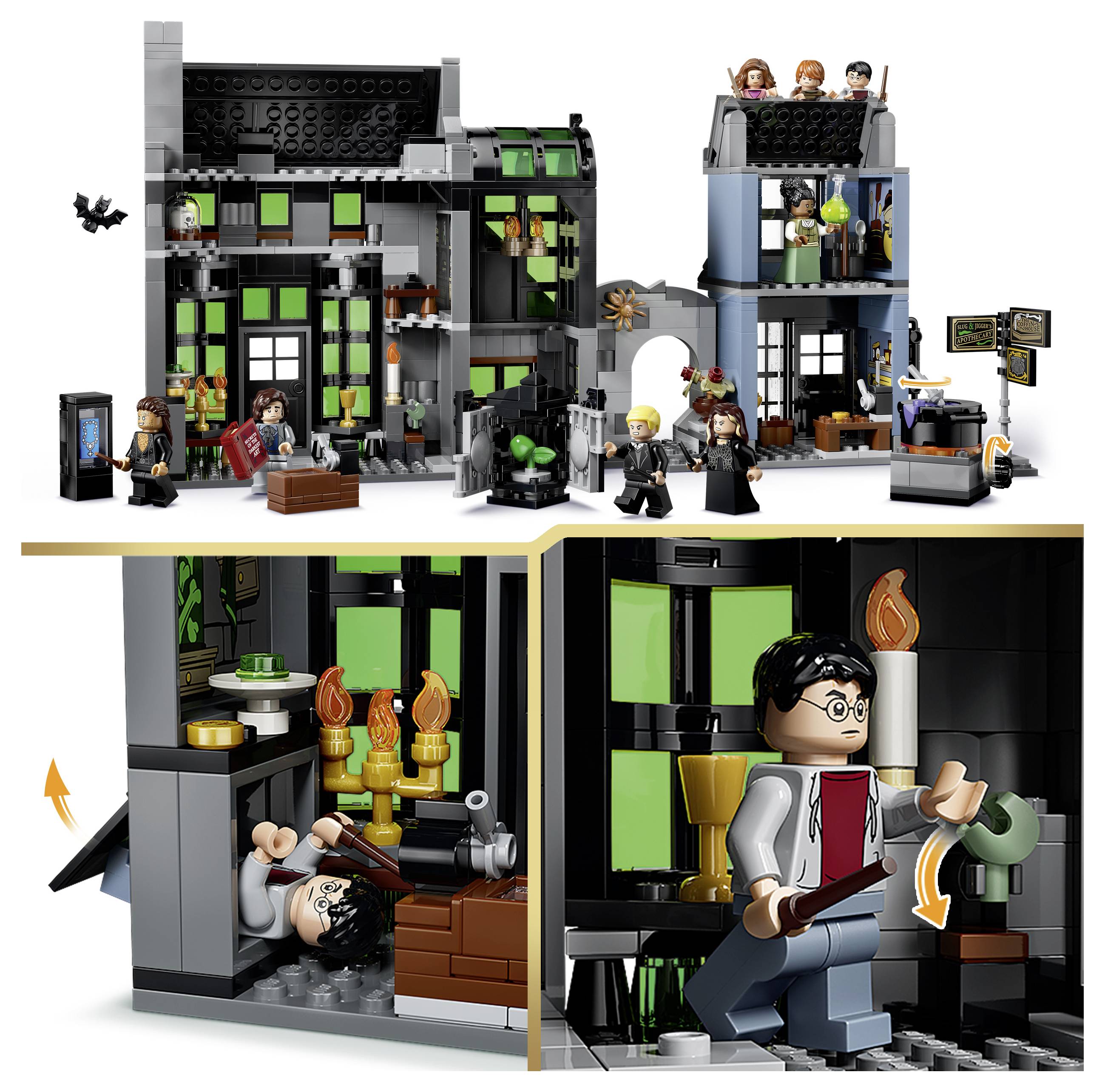 LEGO Harry Potter Spukschloss-Spielset mit mehreren Minifiguren; Nahaufnahmen zeigen eine umgestoßene Figur unter einem Schrank und Harry Potter, der einen Zauberstab neben einer grünen Figur hält.