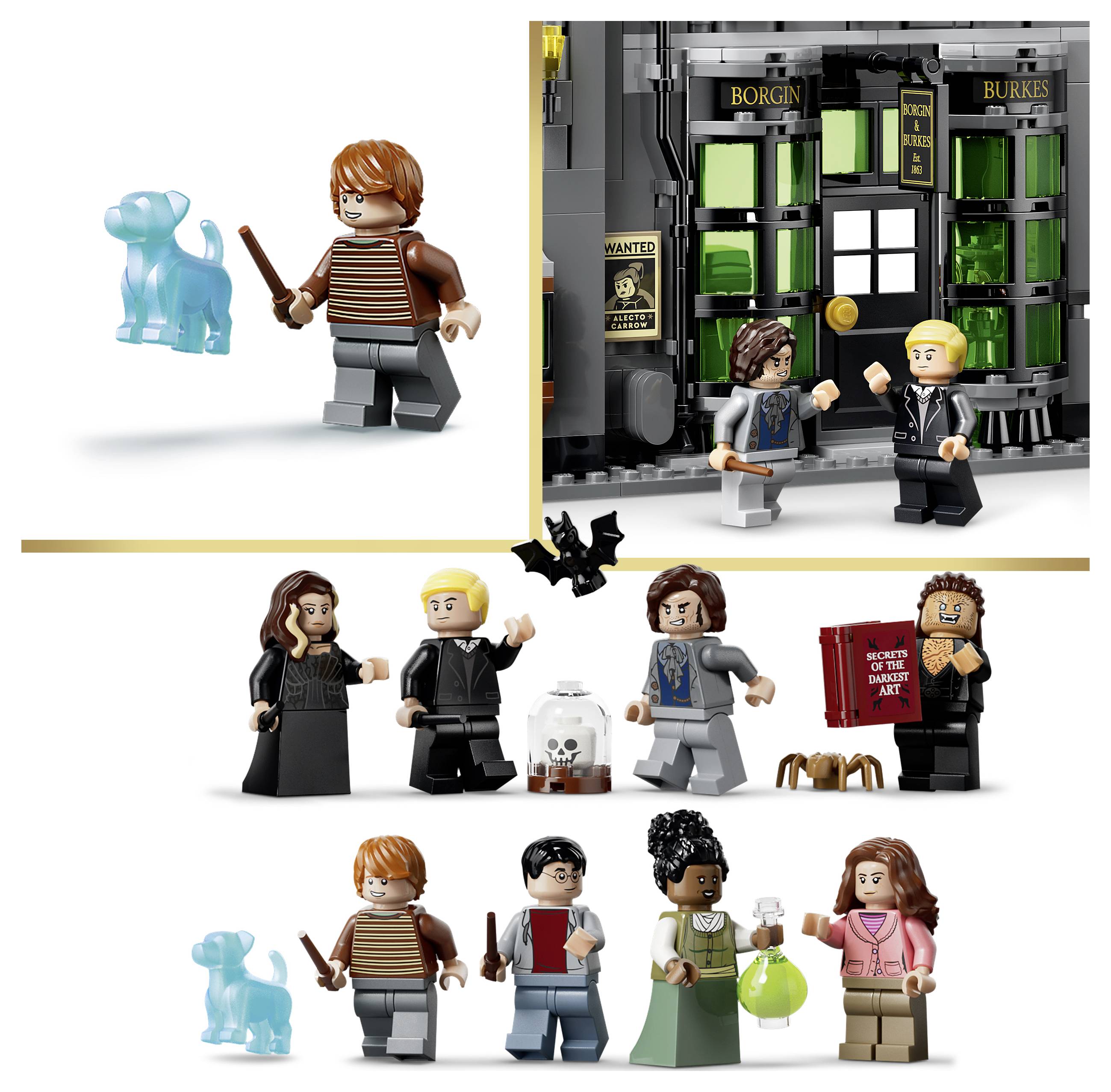 Collage von Harry-Potter-LEGO-Minifiguren und einer durchscheinenden blauen Patronus-ähnlichen Figur, einschließlich einer Szene aus der Winkelgasse mit Ladenfront und mehreren Charakterpaarungen.