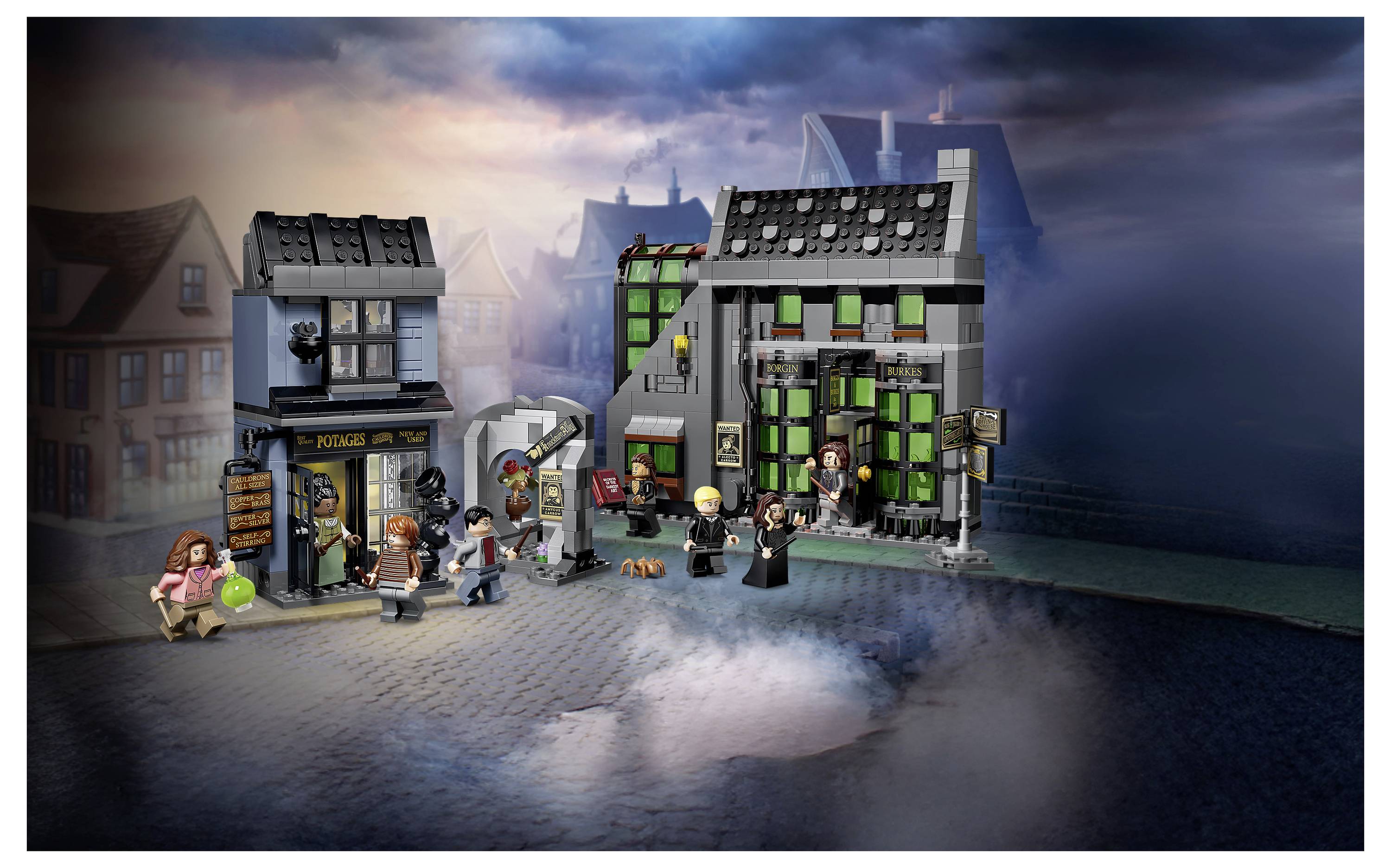 Lego-ähnliche Harry-Potter-Straßenszene mit Figuren außerhalb von Winkelgasse-Läden, einschließlich „Flourish and Blotts
