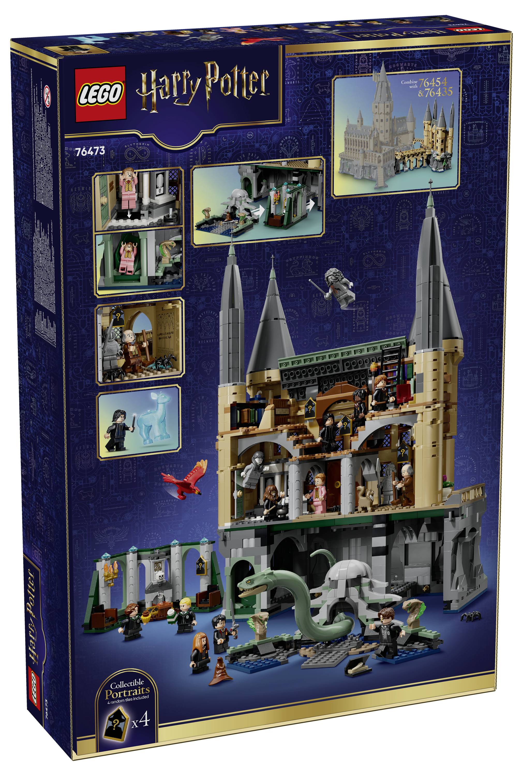LEGO Harry Potter Hogwarts Schloss Kartonbox-Kunstwerk, zeigt ein detailliertes Schlossmodell mit Minifiguren und magischen Kreaturen, Satz 76419.