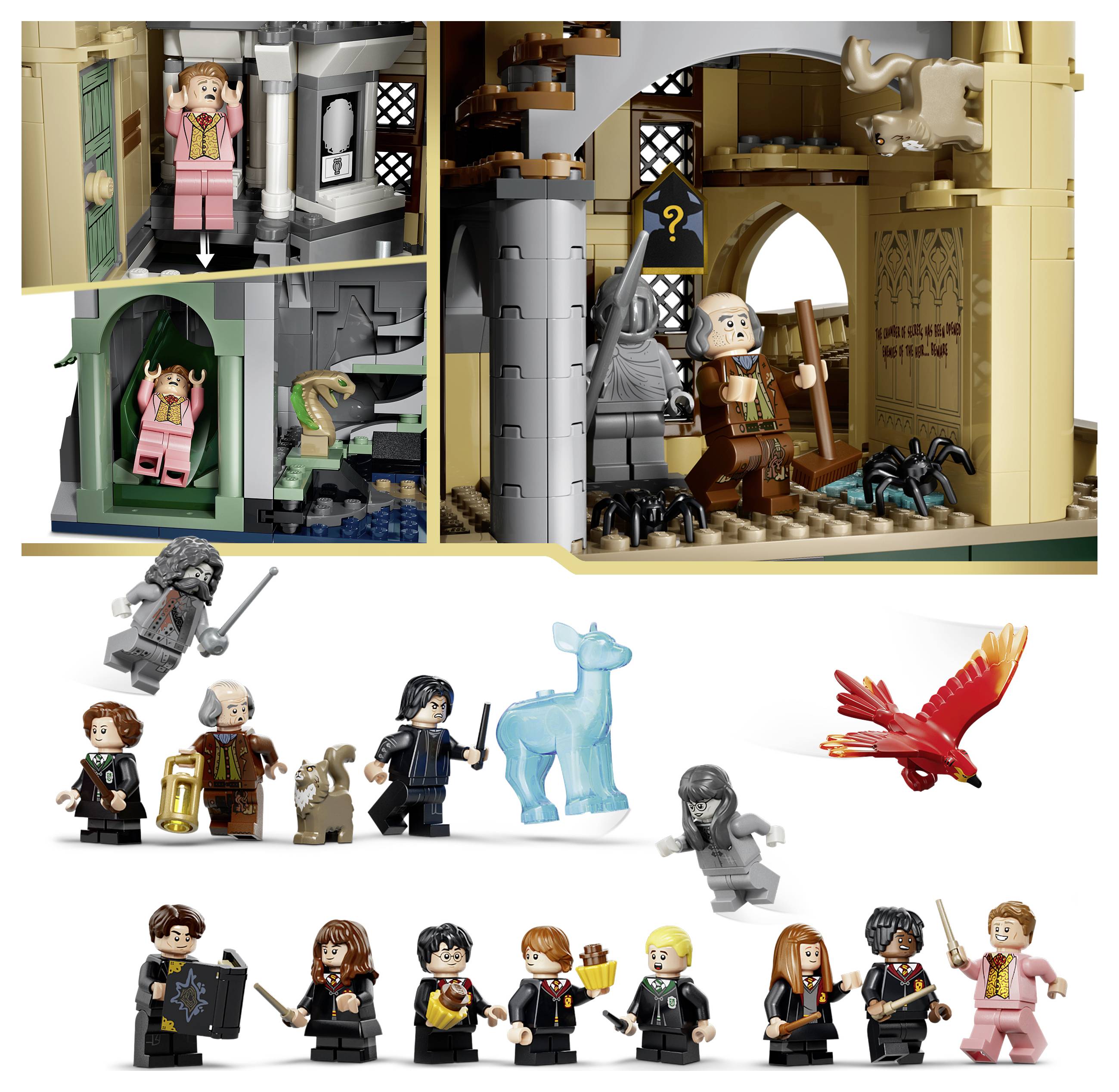 Collage von LEGO Harry Potter Sets und Minifiguren, einschließlich eines Zaubererturm-Interieurs mit Charakteren und einer Reihe von Figuren, Kreaturen und einem roten Vogel.