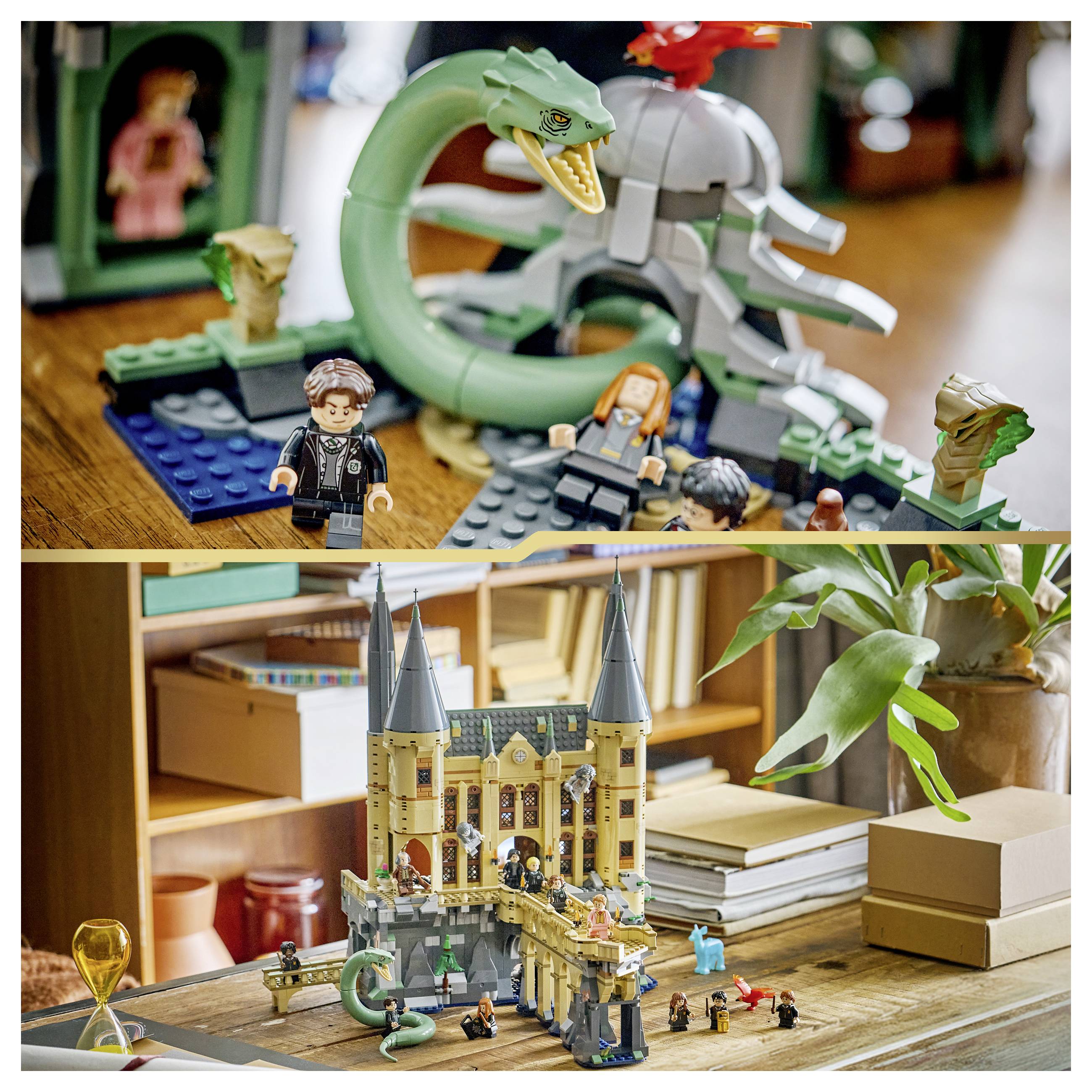 Zwei Fotos von LEGO-Bauwerken auf einem Holztisch: eine Nahaufnahme einer Drachenszene und eine breitere Ansicht einer Hogwarts-Schloss-Ausstellung mit Minifiguren und einer Pflanze in der Nähe