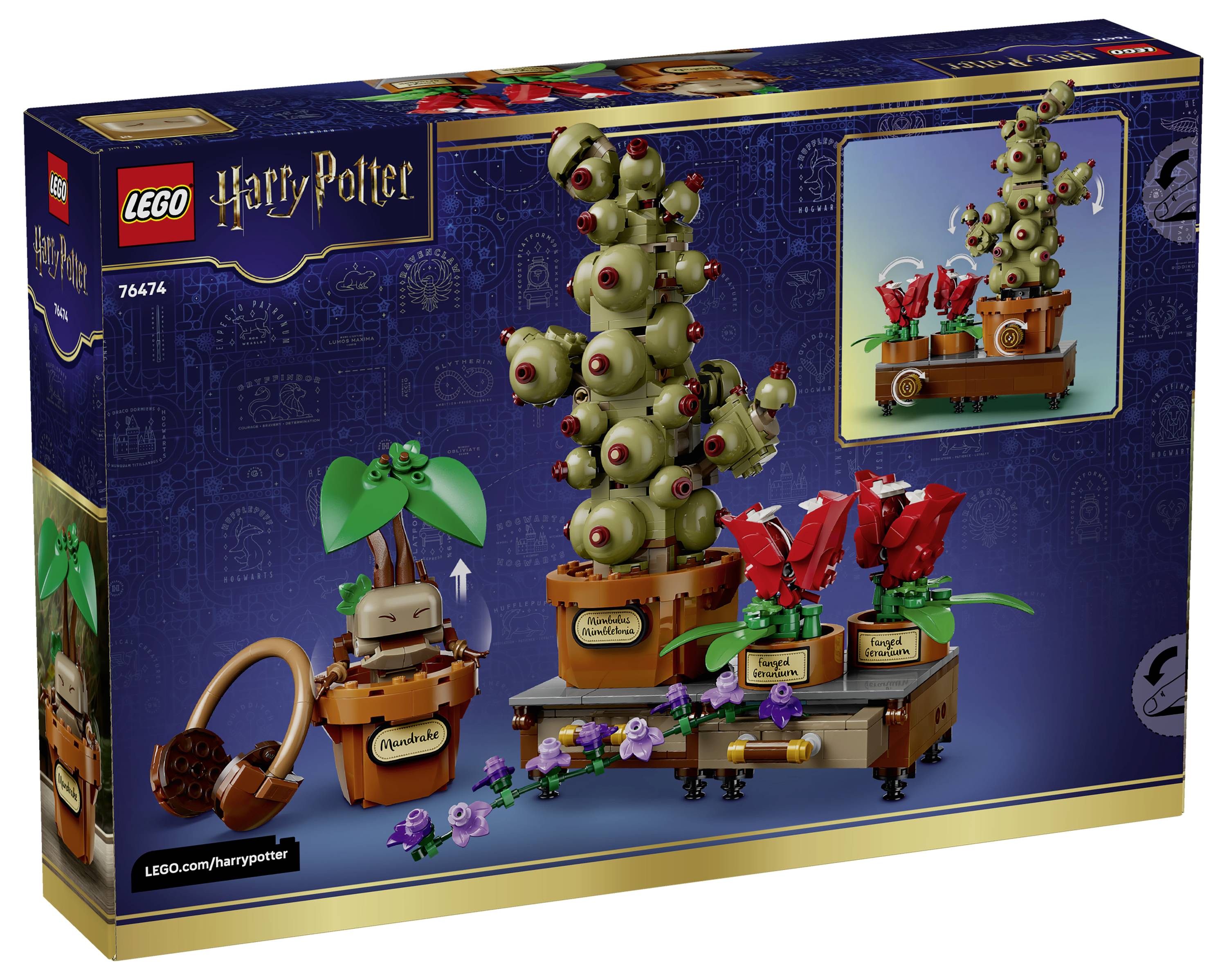 LEGO Harry Potter Schachtel mit Mandragora-Pflanzensätzen: Topfpflanzen, rote Blüten und ein Ausstellungswagen mit einem kleinen Ausschnitt des fertigen Modells.