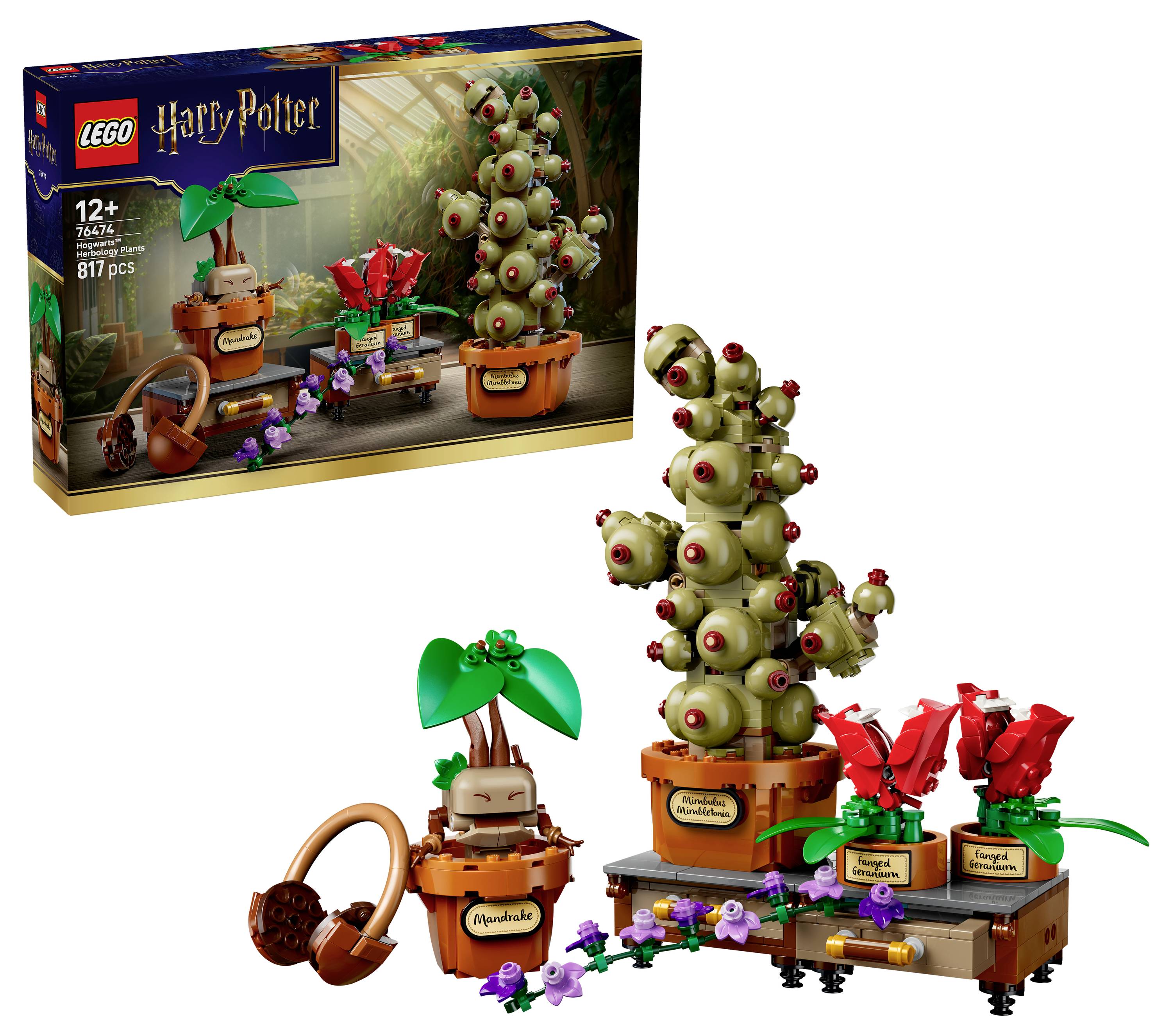 LEGO Harry Potter Mandragora-Set mit einer großen pottierten Mandragora, einer kleineren Mandragora und Zubehörteilen; die Schachtel ist oben links zu sehen.
