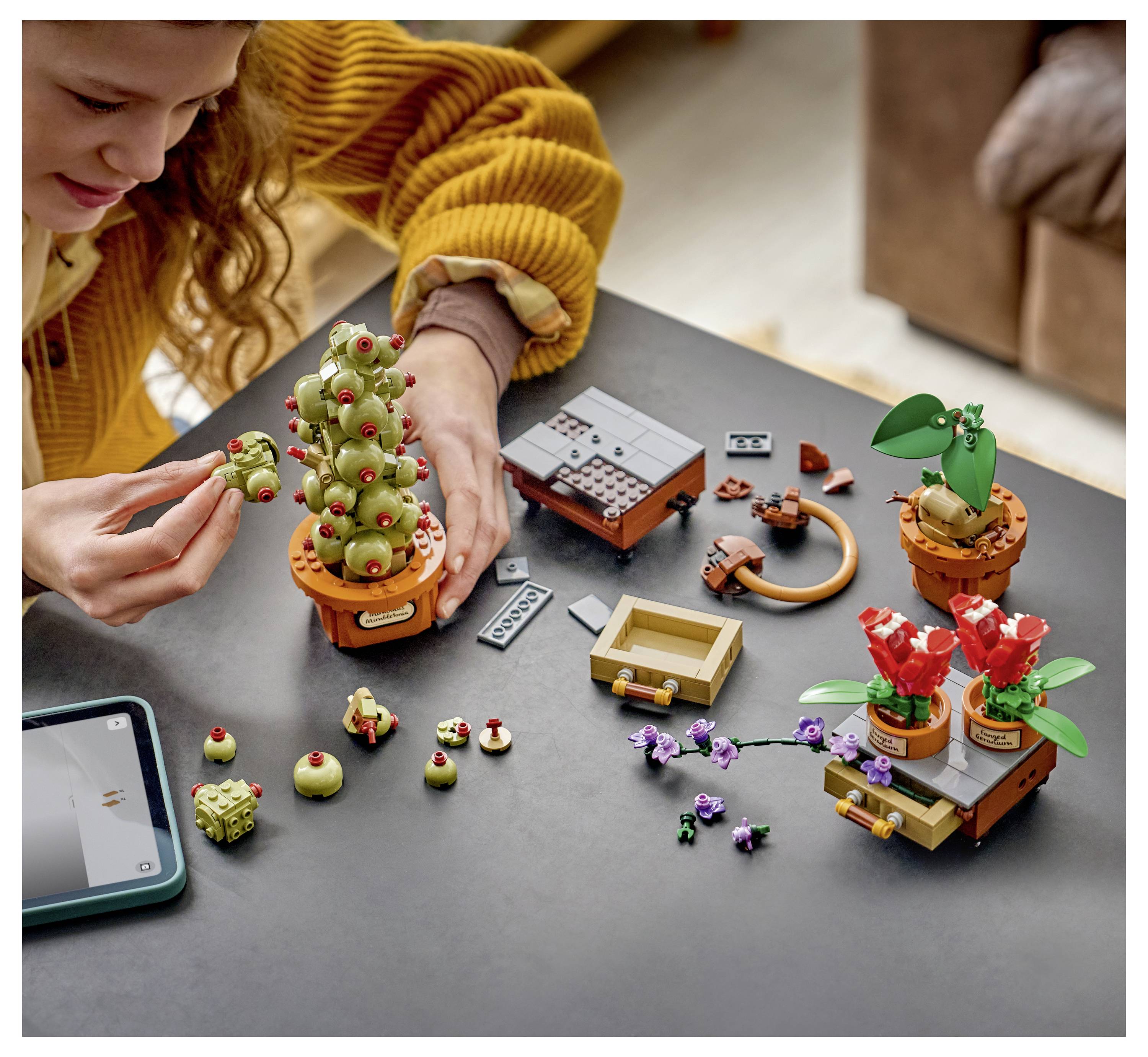 Ein Kind baut einen LEGO-ähnlichen Bonsai-Garten auf einem Tisch auf und montiert kleine Topfbäume und Blumen mit verstreuten Teilen und einem Tablet in der Nähe.