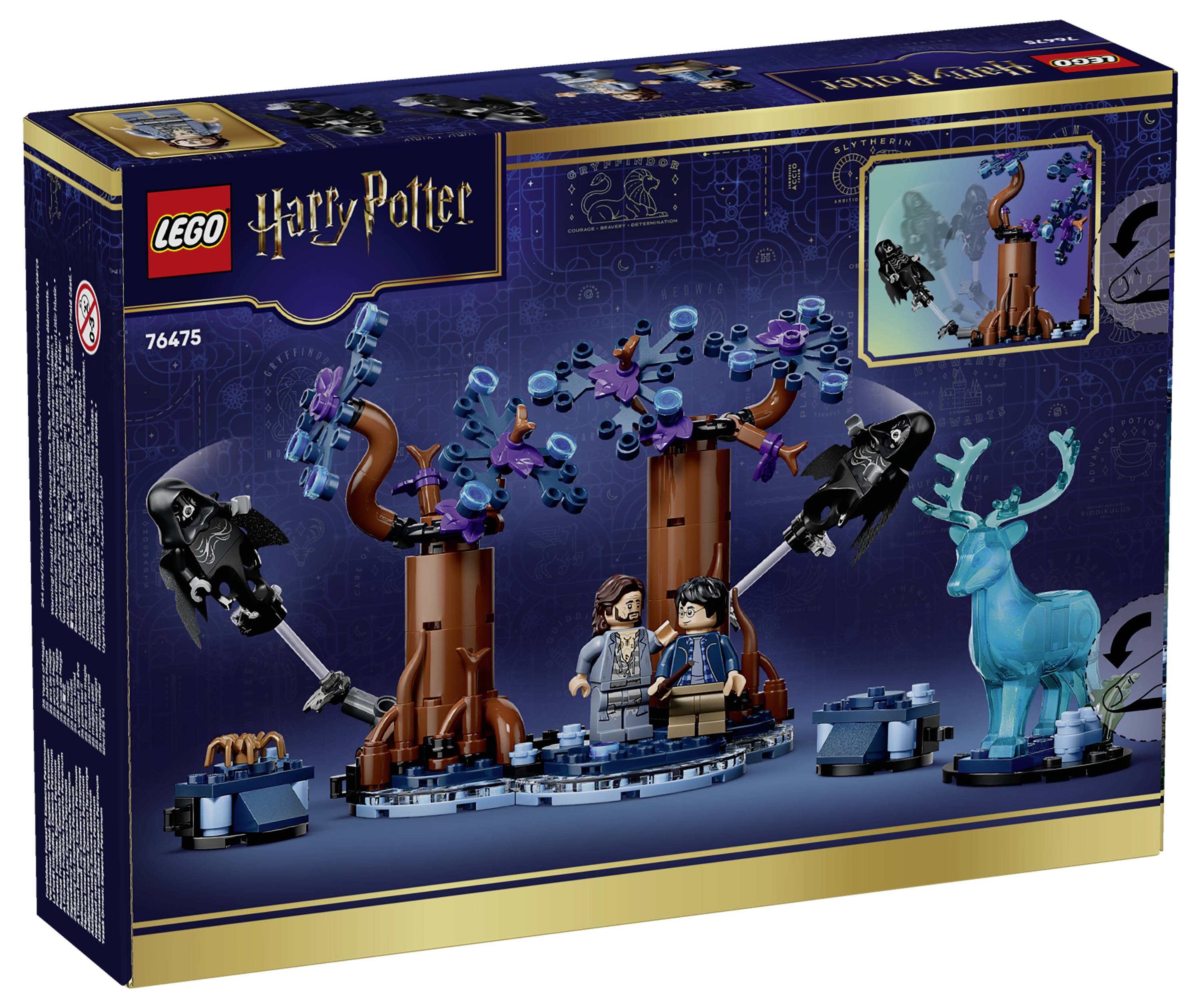 LEGO Harry Potter Set Box Art für 76475, zeigt zwei Minifiguren und eine magische Waldszene mit zwei Bäumen, schwarzen Kreaturen und einem blauen hirschähnlichen Reh.