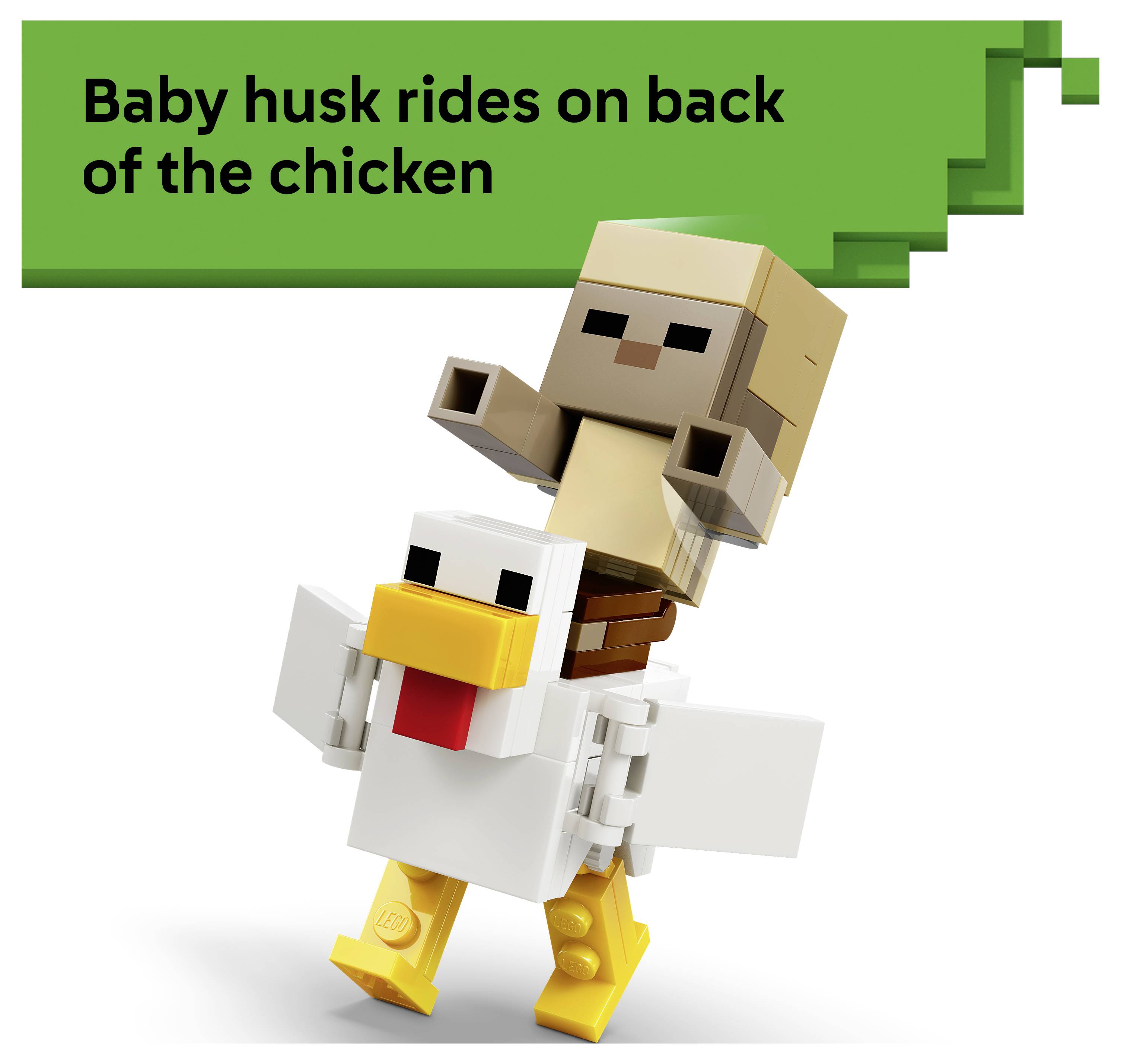 Minecraft-ähnliche Illustration eines Baby-Husks, der auf dem Rücken eines Huhns reitet, mit dem Text „Baby-Husk reitet auf dem Rücken des Huhns