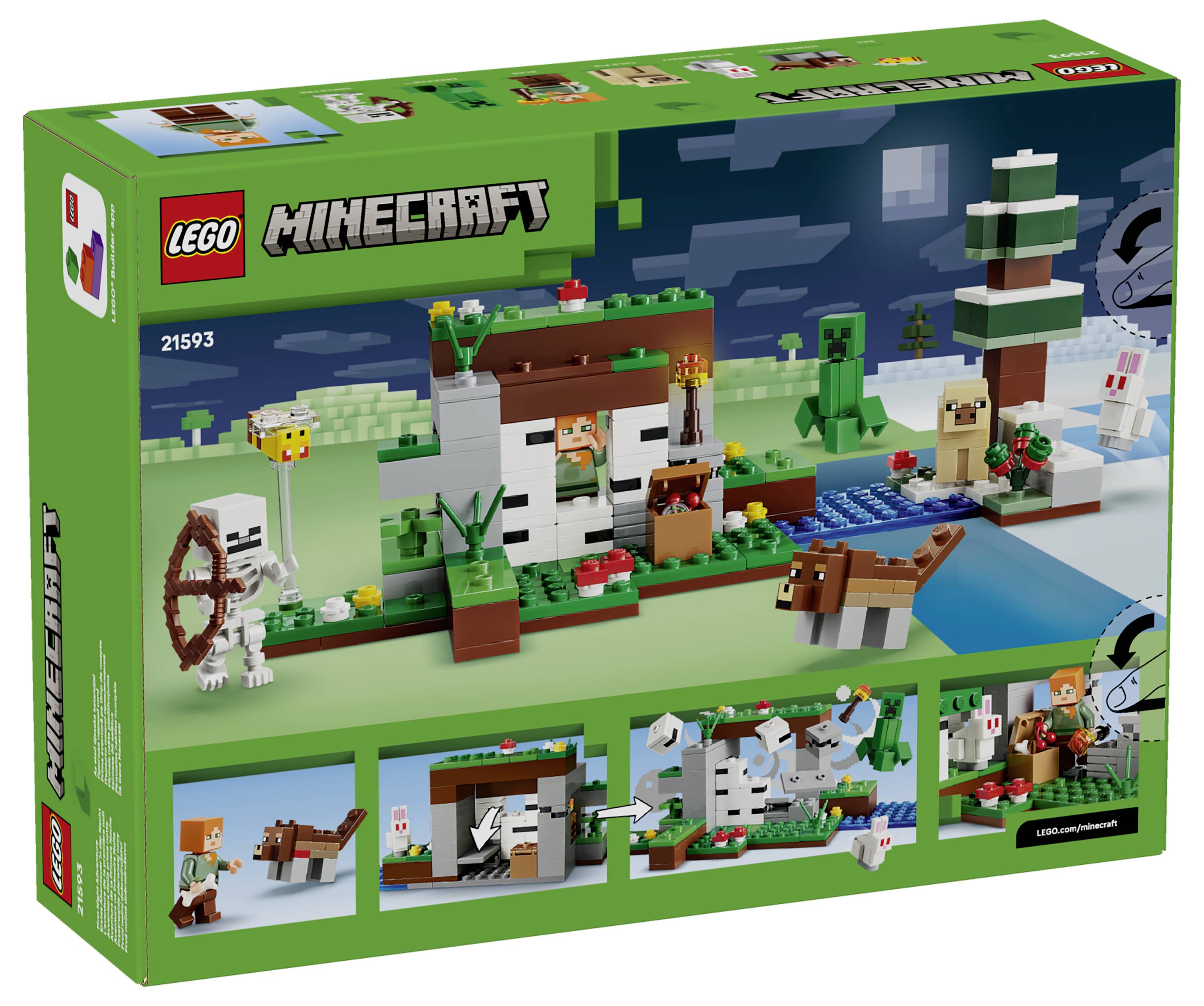 LEGO Minecraft-Setbox zeigt eine verschneite Dorfszene mit Steve, einem Skelett, einem Creeper, einem Fuchs und einem Kaninchen.