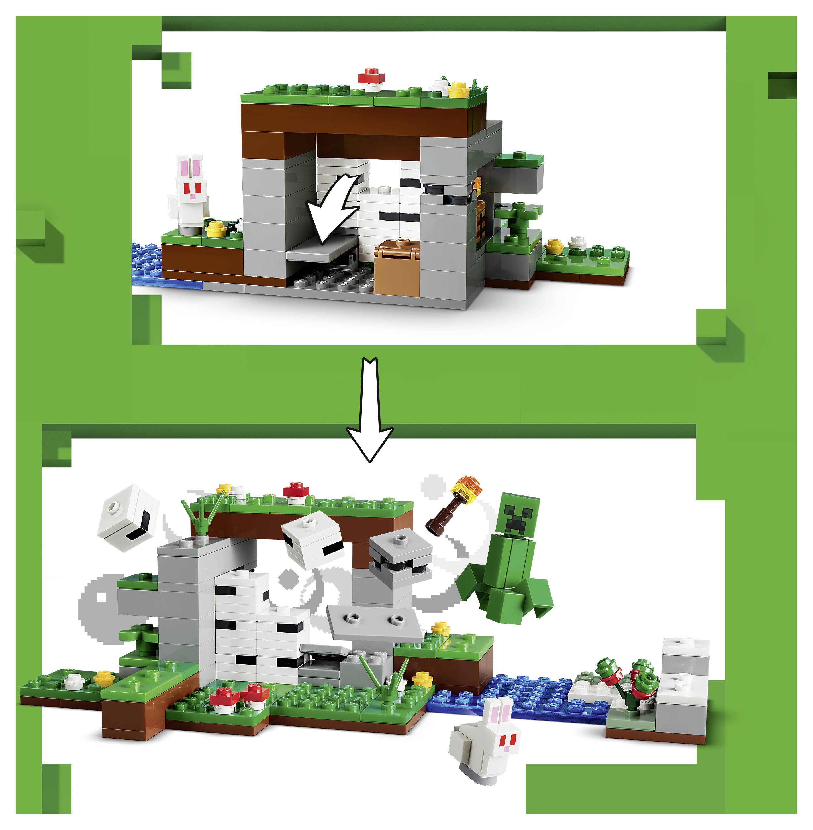 Unterrichtsbild, das eine LEGO-Szene zeigt, die sich von einem intakten Haus in ein zerlegtes Bauwerk verwandelt, mit Pfeilen, die die Veränderung anzeigen.