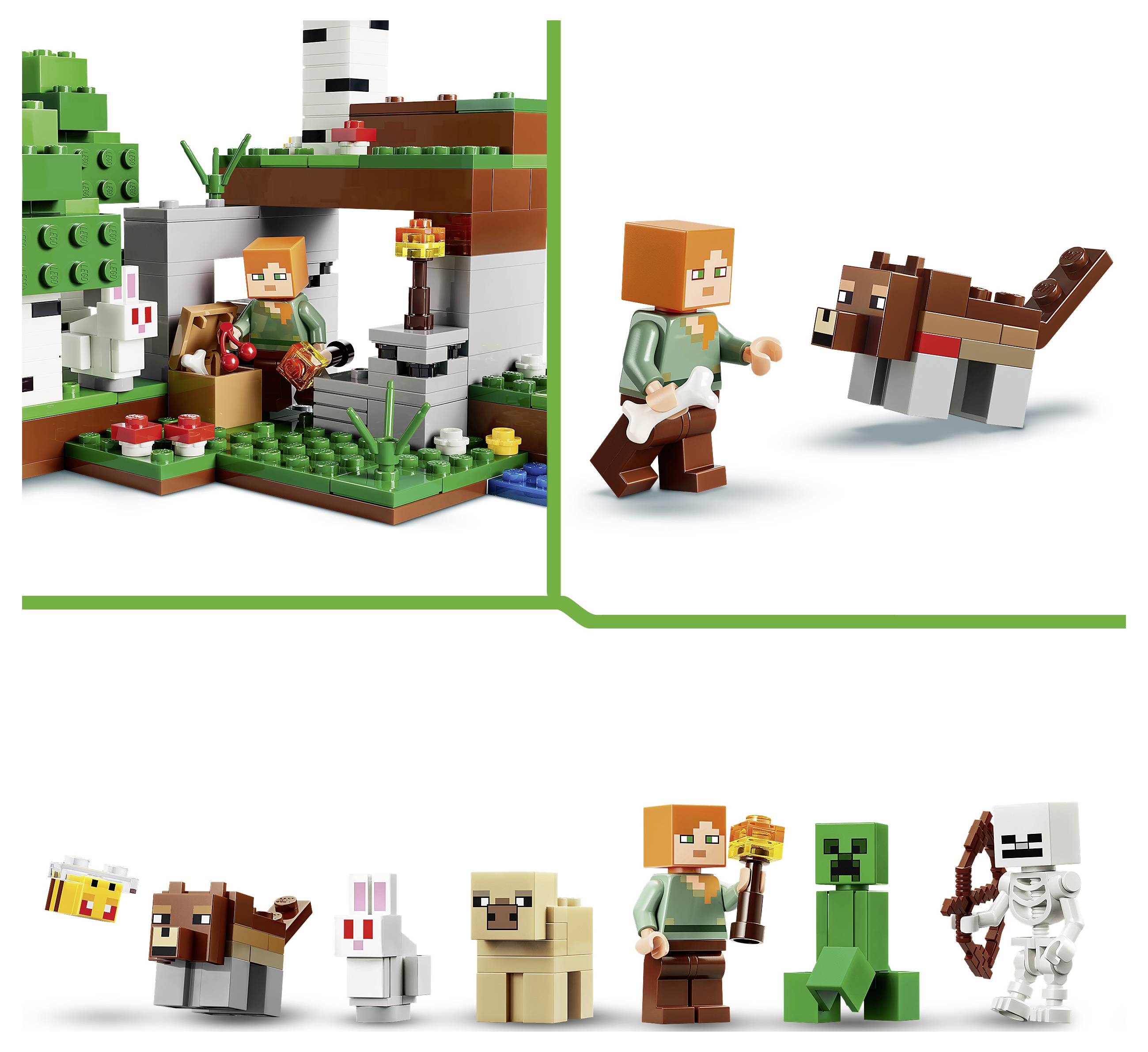 LEGO Minecraft-Set zeigt Alex in einer Höhlenszene mit einer Fackel, einer Biene, einem Wolf, einem Kaninchen, einem Bären, einem Creeper, einem Skelett und Honigwaben-Elementen.