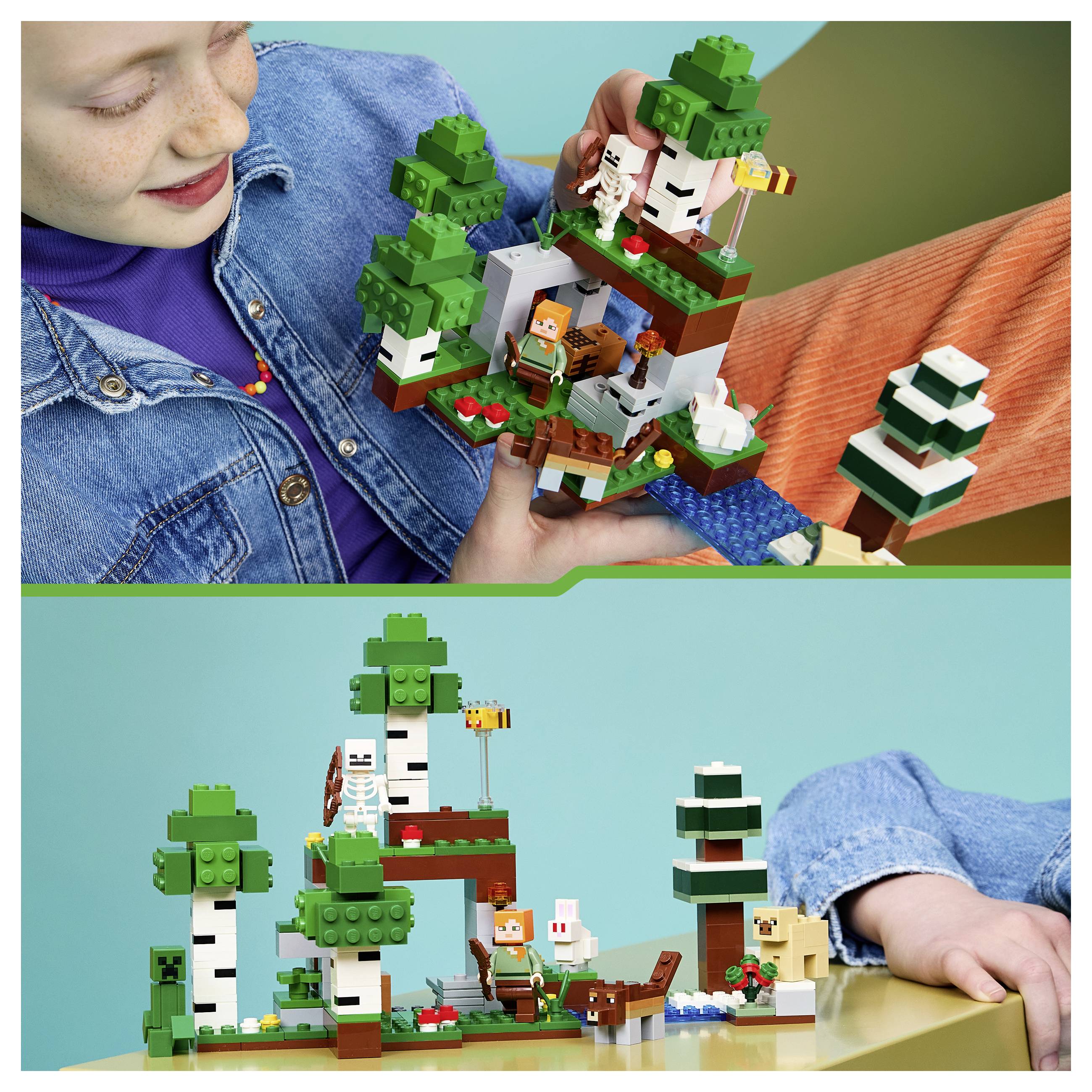 Nahaufnahme einer LEGO-ähnlichen Pilzszene mit roten gepunkteten Pilzen, gelben Blüten und lila Blüten auf grünem Laub.