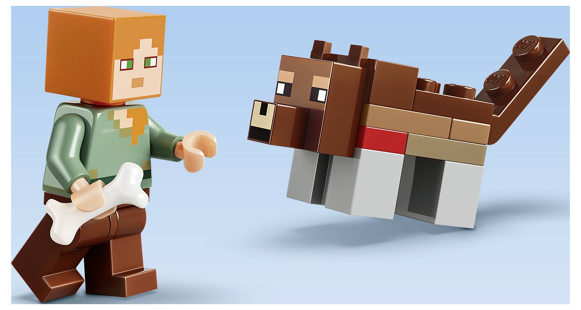 Pixelart-Stil-Charakter, der einem blockigen braunen Hund mit einem weißen Knochen im Maul auf hellblauem Hintergrund gegenübersteht.