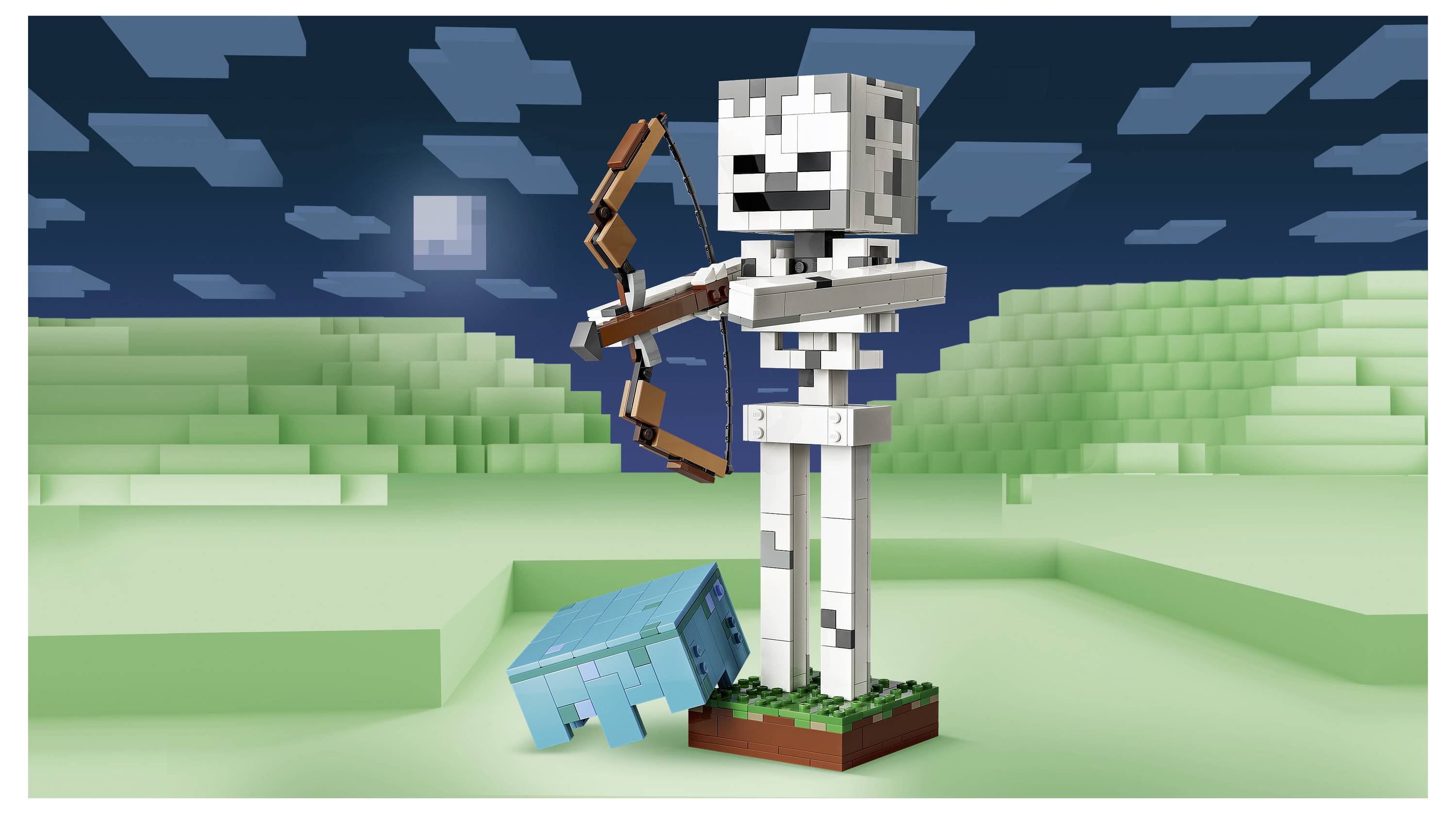 Ein Minecraft-ähnliches Skelett, das einen Bogen hält, mit einer blauen Spinne zu seinen Füßen auf einer Grasblockladschaft unter einem Nachthimmel.