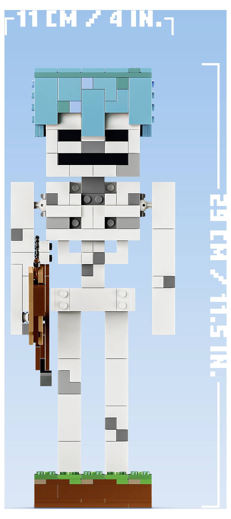 Eine LEGO-ähnliche humanoide Figur mit türkisfarbenen Haaren und einem schwarz-weißen Gesicht steht vor einem blauen Hintergrund und hält ein braunes gitarrenähnliches Zubehör.