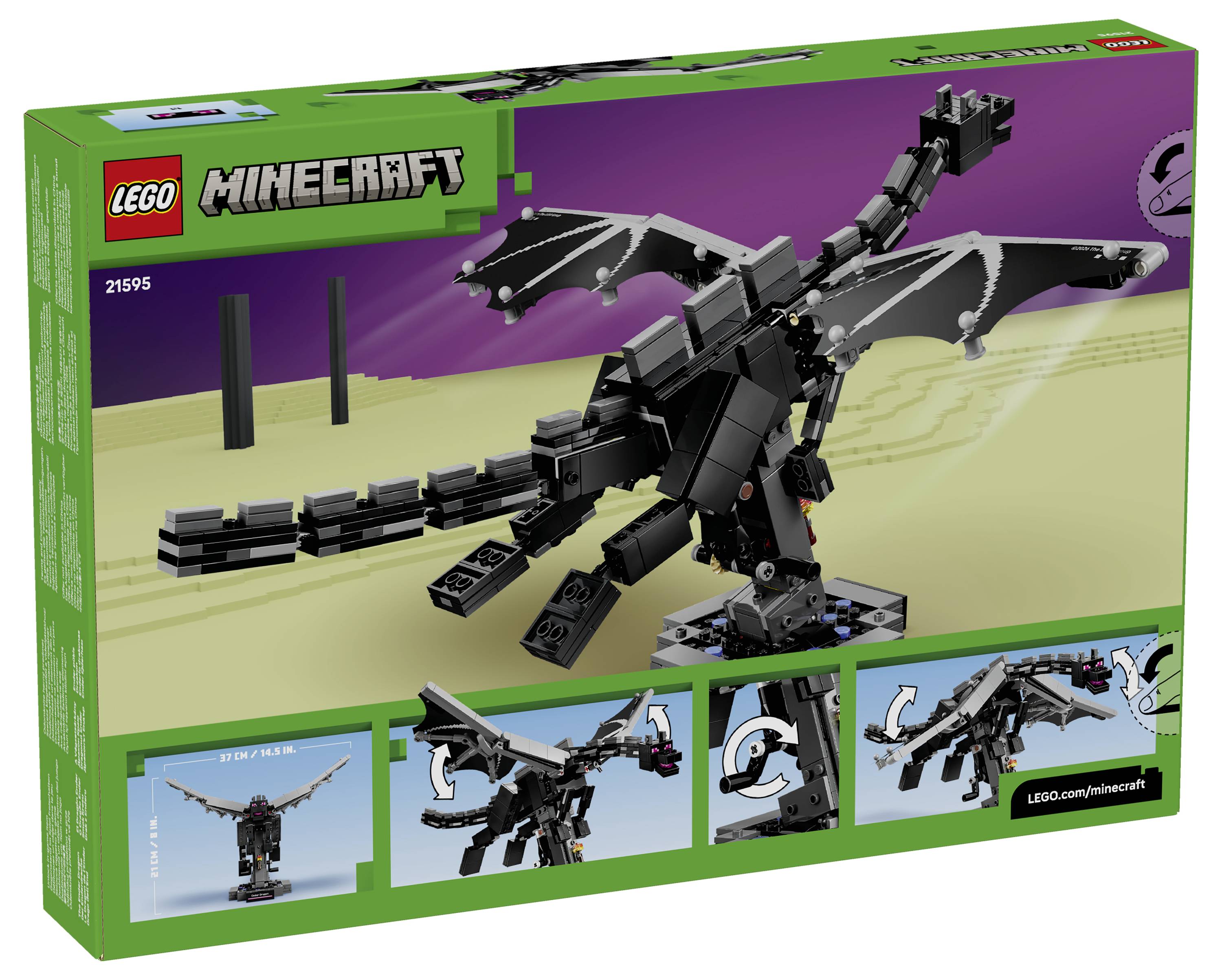 LEGO Minecraft-Set-Verpackung mit einem schwarzen Ender-Drachen-Modell mit ausgebreiteten Flügeln sowie kleine Einsatzbilder des Drachen in verschiedenen Posen.