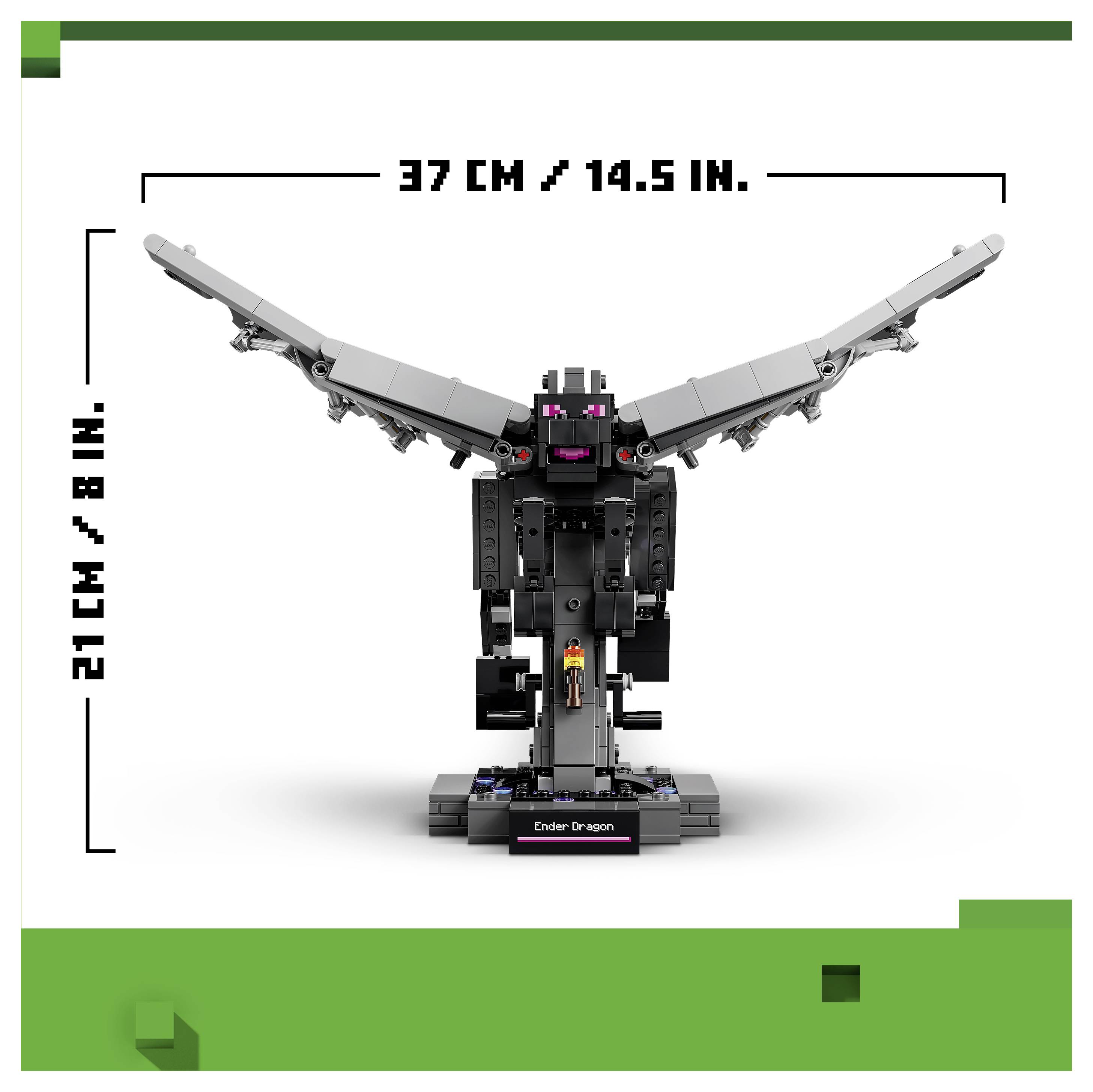 LEGO Enderdachs-Modell von vorne gezeigt, mit Flügelspannweite von 37 cm/14,5 Zoll und Höhe von 21 cm/8 Zoll auf weißem Hintergrund.